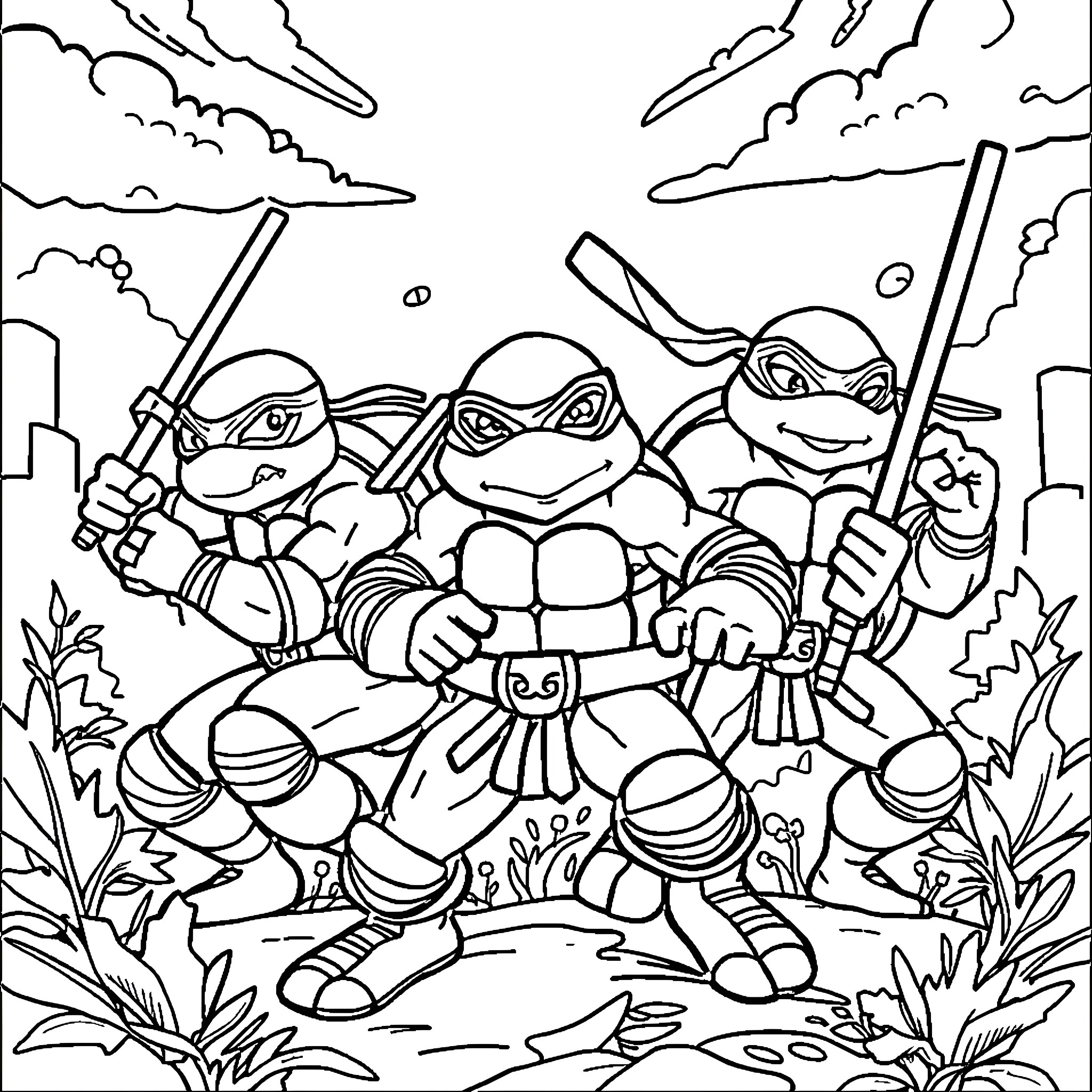 Numberblock Ninja Turtles Adventure in the City Coloring Page (free black-and-white line drawing printable PDF for all, from beginners to advanced learners, including children, teens, adults, and seniors)