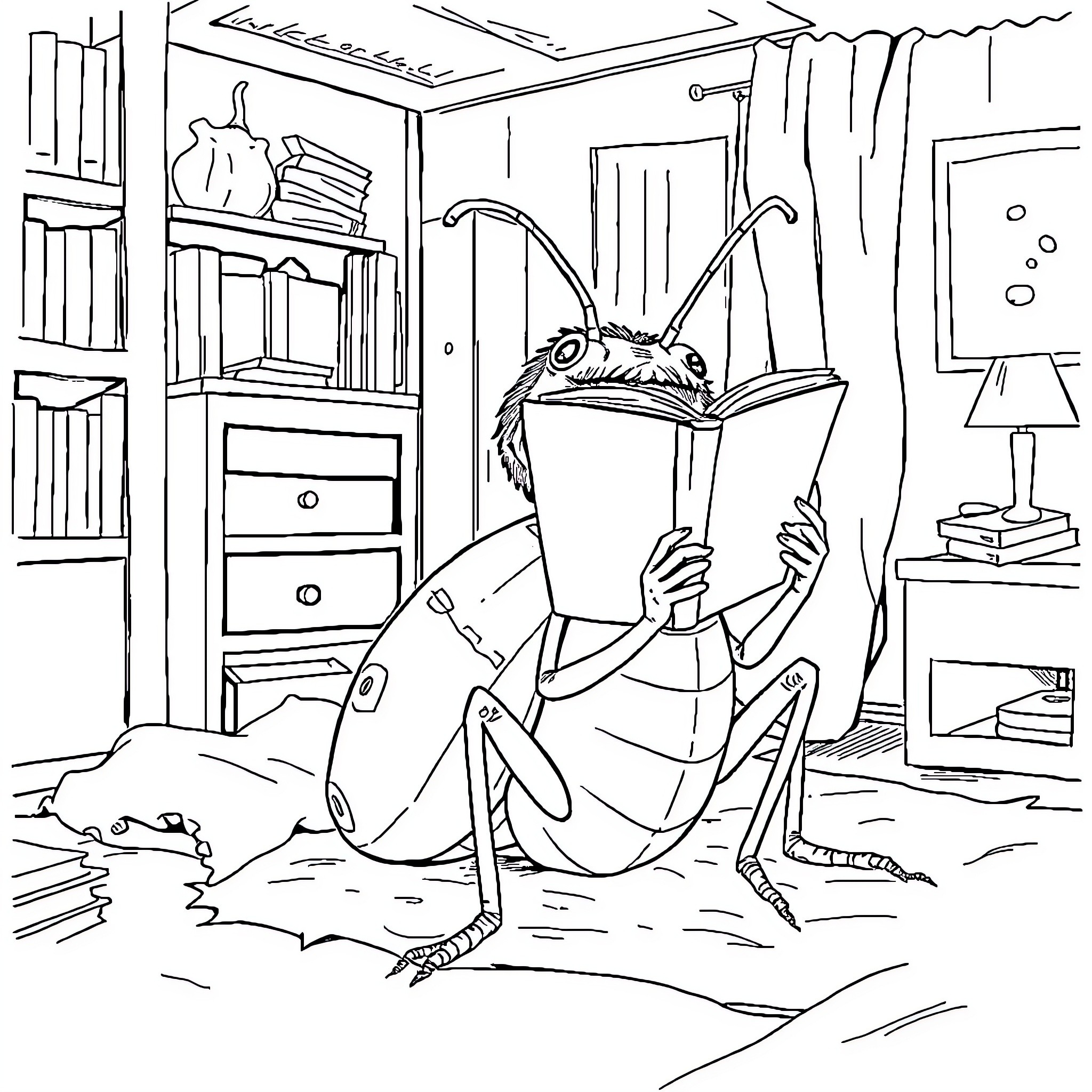 Gregor Samsa's Awakening: A Transformation Unfolds Coloring Page (free black-and-white line drawing printable PDF for all, from beginners to advanced learners, including children, teens, adults, and seniors)