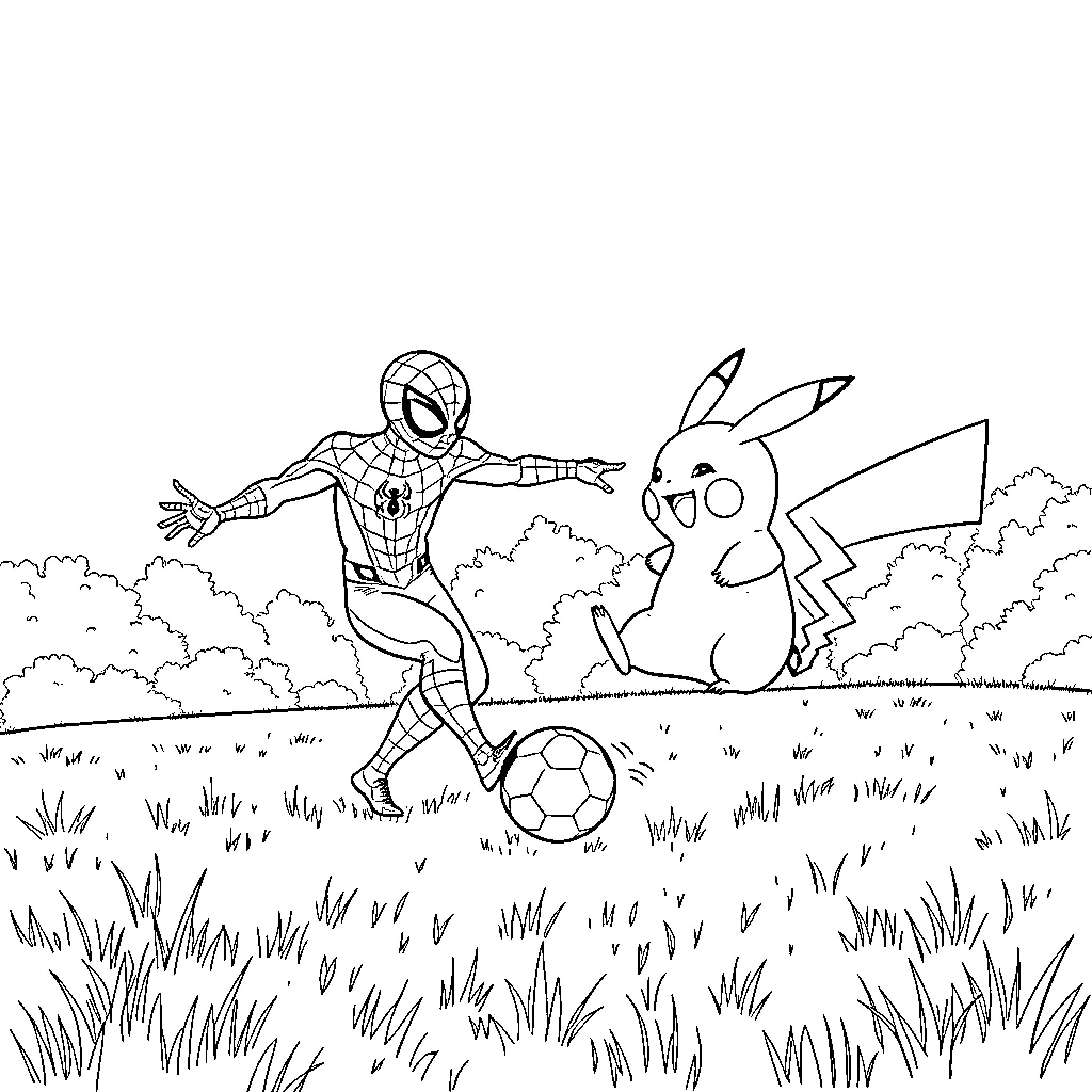Spiderman playing soccer with Pikachu in the field Coloring Page (free black-and-white line drawing printable PDF for all, from beginners to advanced learners, including children, teens, adults, and seniors)
