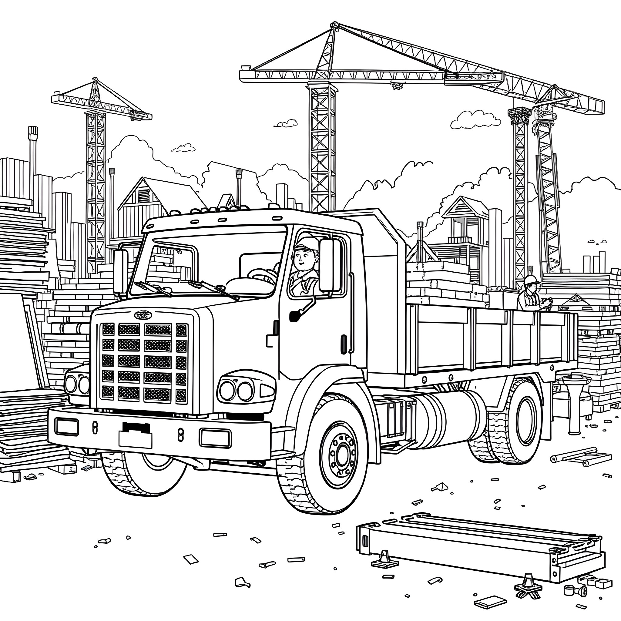 Flatbed truck transporting construction materials at a building site Coloring Page (free black-and-white line drawing printable PDF for all, from beginners to advanced learners, including children, teens, adults, and seniors)