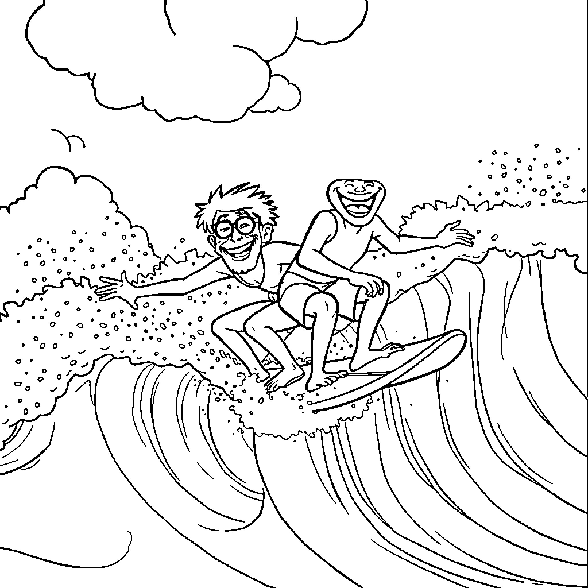 Cheech and Chong's Radical Wave Ride Coloring Page (free black-and-white line drawing printable PDF for all, from beginners to advanced learners, including children, teens, adults, and seniors)