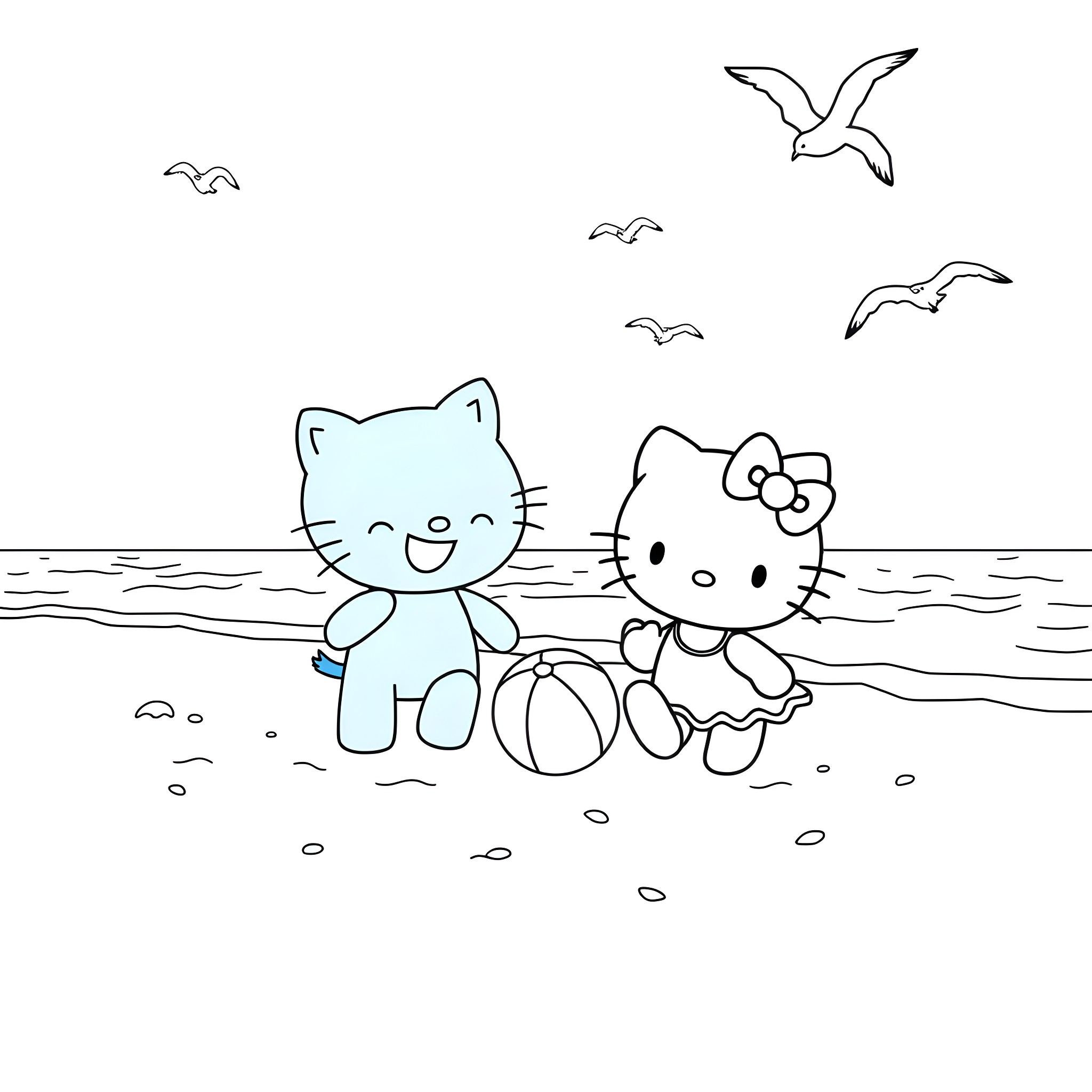 Bluey and Hello Kitty playing at the beach Coloring Page (free black-and-white line drawing printable PDF for all, from beginners to advanced learners, including children, teens, adults, and seniors)