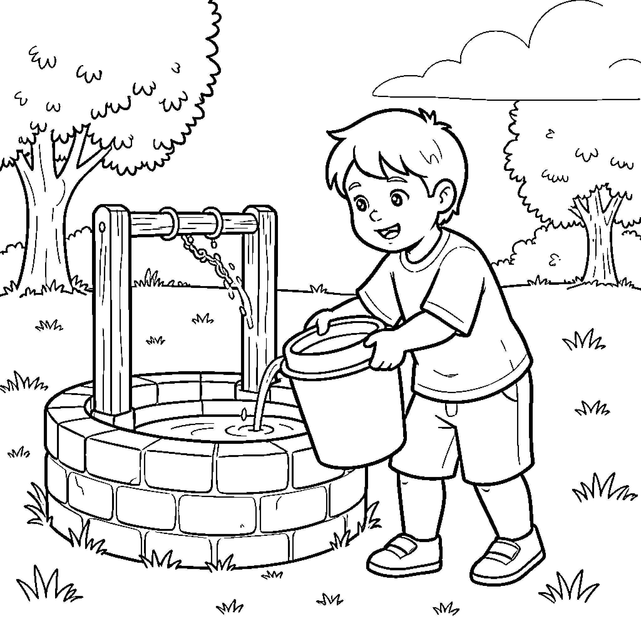 Kid pouring water from a bucket at a well Coloring Page (free black-and-white line drawing printable PDF for all, from beginners to advanced learners, including children, teens, adults, and seniors)