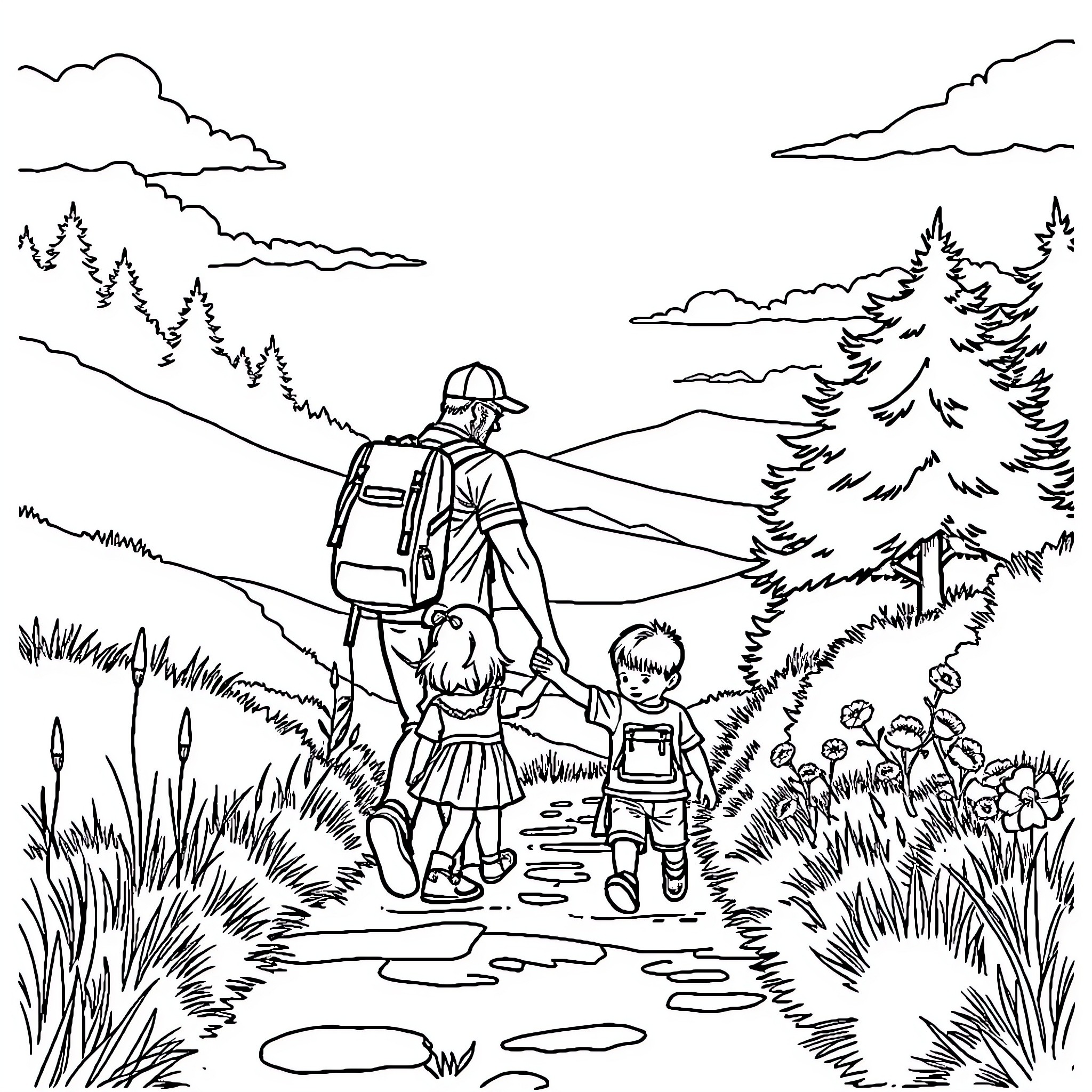 Dad and children hiking in the scenic outdoors Coloring Page (free black-and-white line drawing printable PDF for all, from beginners to advanced learners, including children, teens, adults, and seniors)