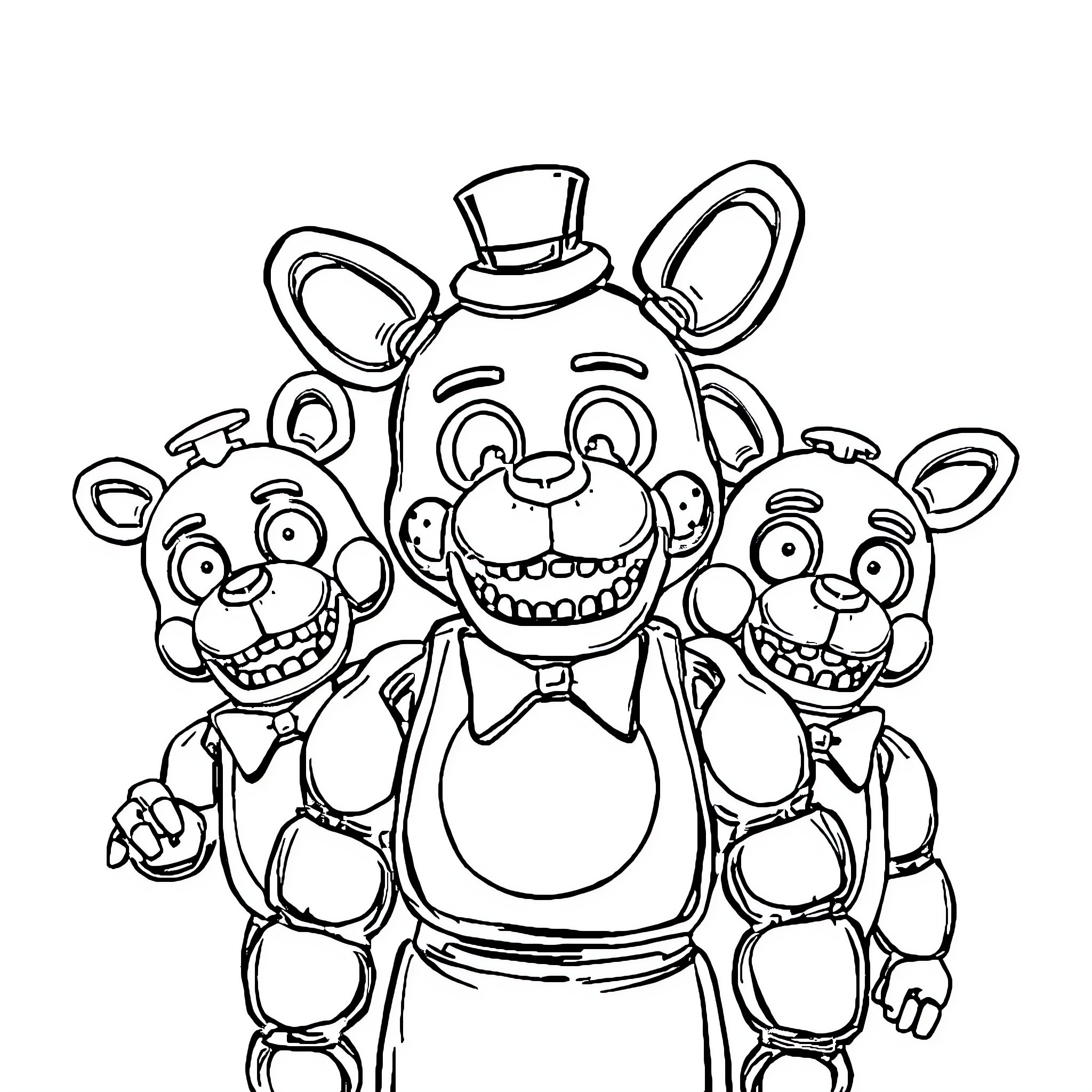 Five Nights At Freddy's - Creepy animatronic characters Coloring Page (free black-and-white line drawing printable PDF for all, from beginners to advanced learners, including children, teens, adults, and seniors)