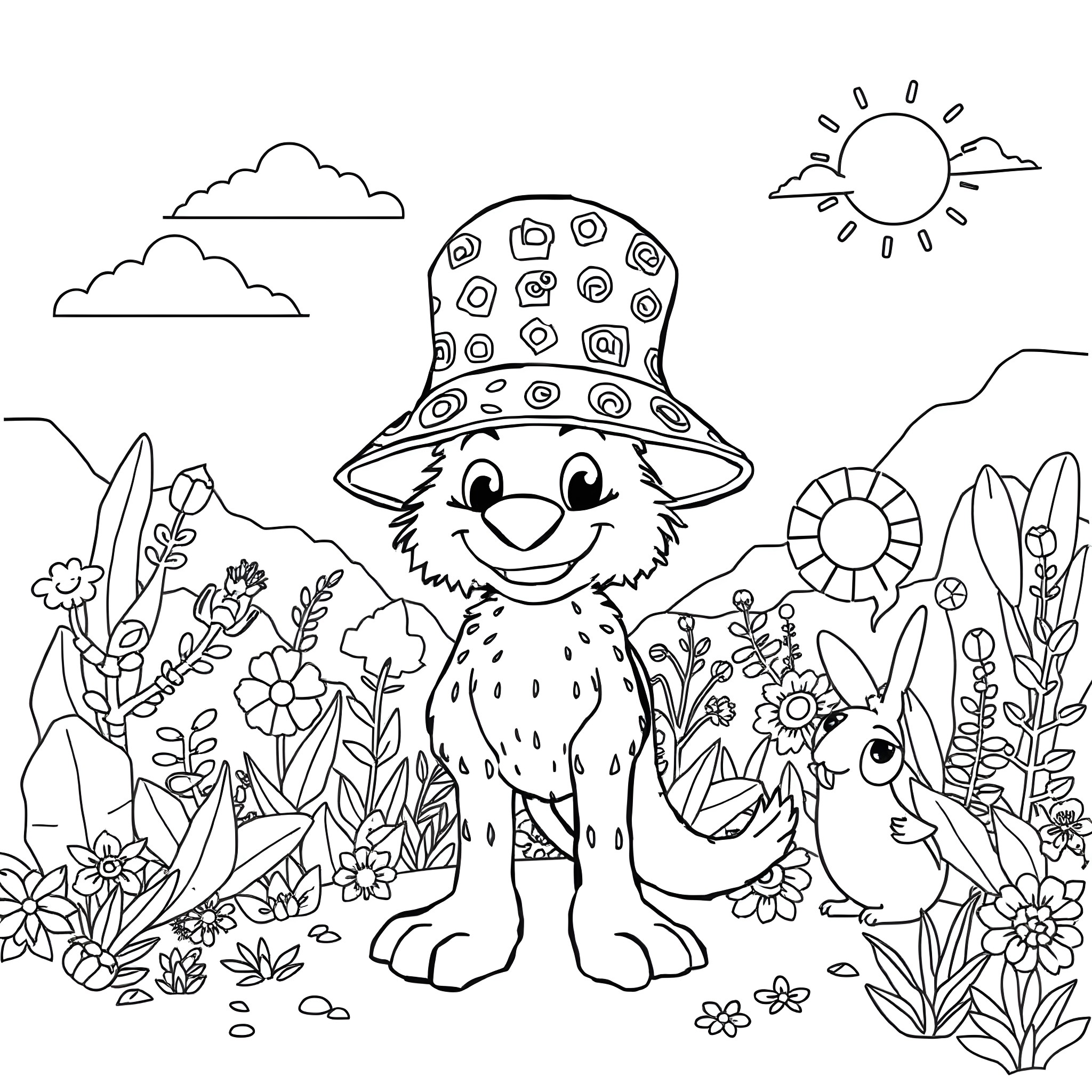 Snarf's happy outdoor adventure with friends Coloring Page (free black-and-white line drawing printable PDF for all, from beginners to advanced learners, including children, teens, adults, and seniors)