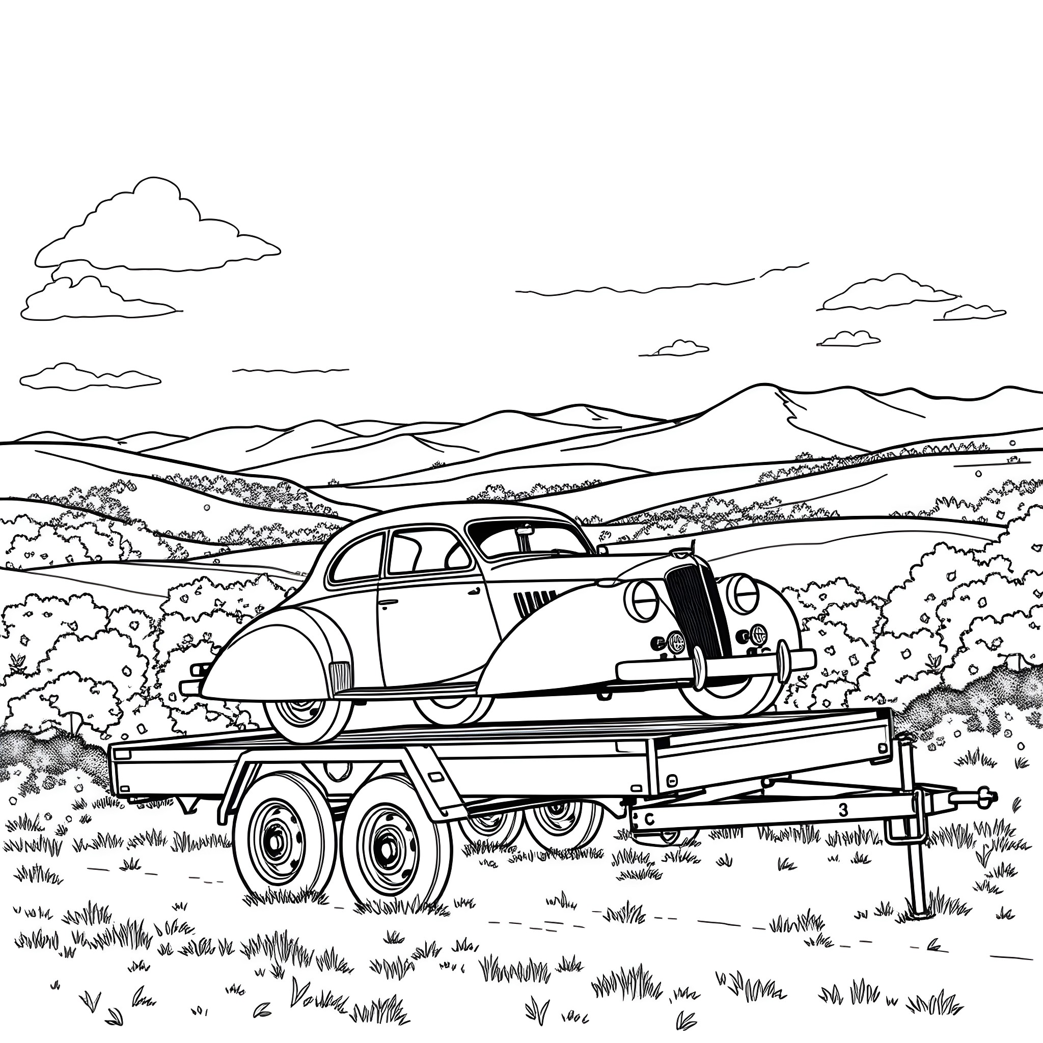 Car being transported on trailer in countryside landscape Coloring Page (free black-and-white line drawing printable PDF for all, from beginners to advanced learners, including children, teens, adults, and seniors)