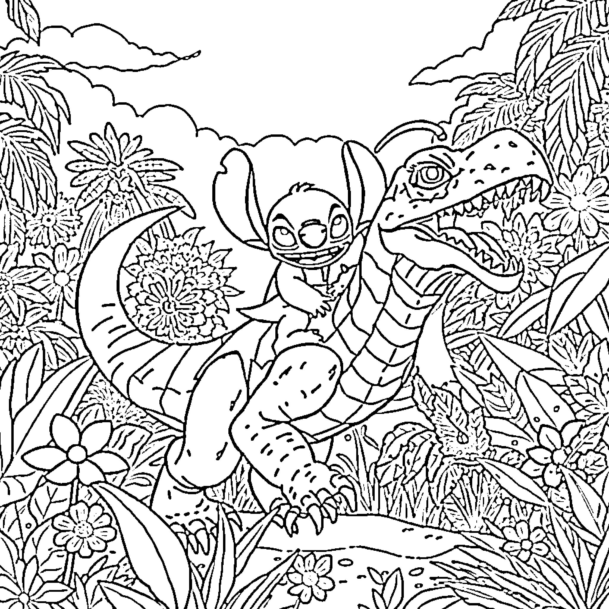Stitch interacting playfully with jungle creatures Coloring Page (free black-and-white line drawing printable PDF for all, from beginners to advanced learners, including children, teens, adults, and seniors)