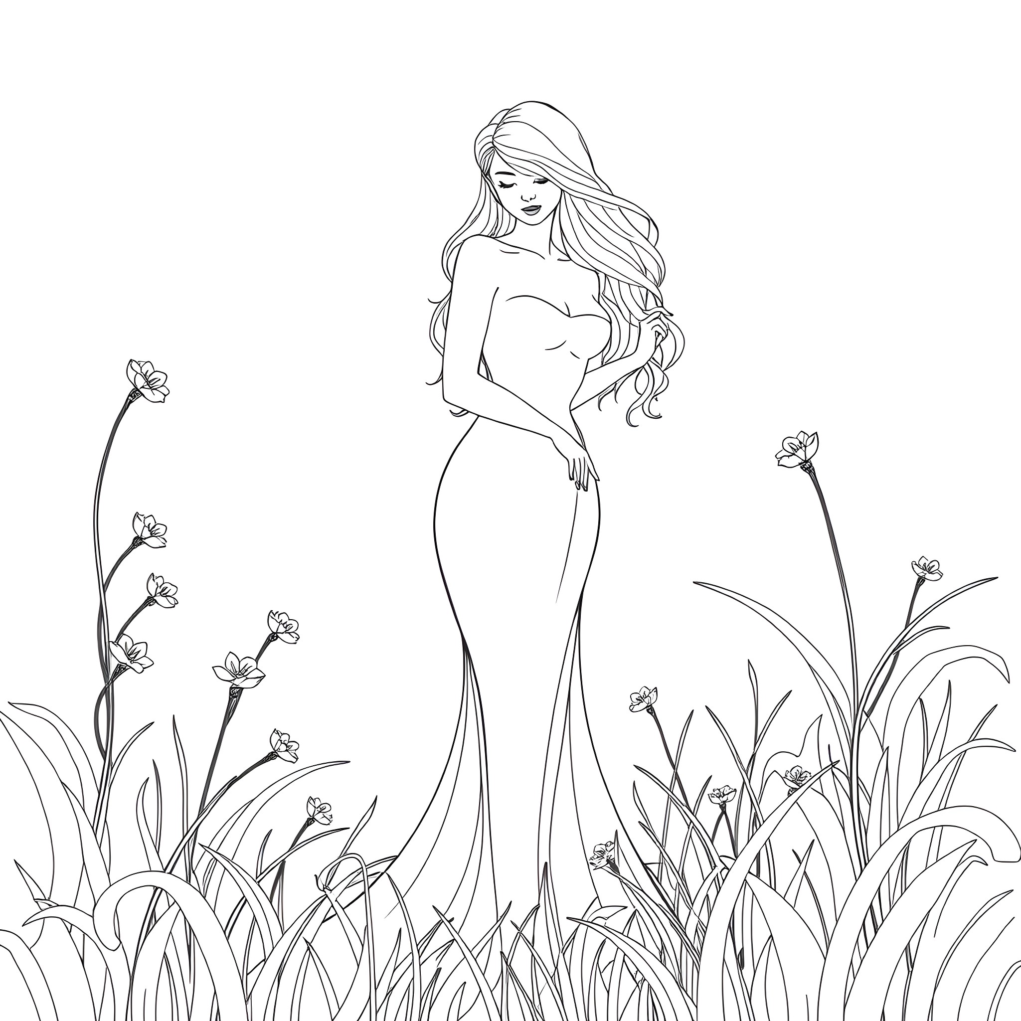 Lady in a long dress standing in a field of flowers Coloring Page (free black-and-white line drawing printable PDF for all, from beginners to advanced learners, including children, teens, adults, and seniors)