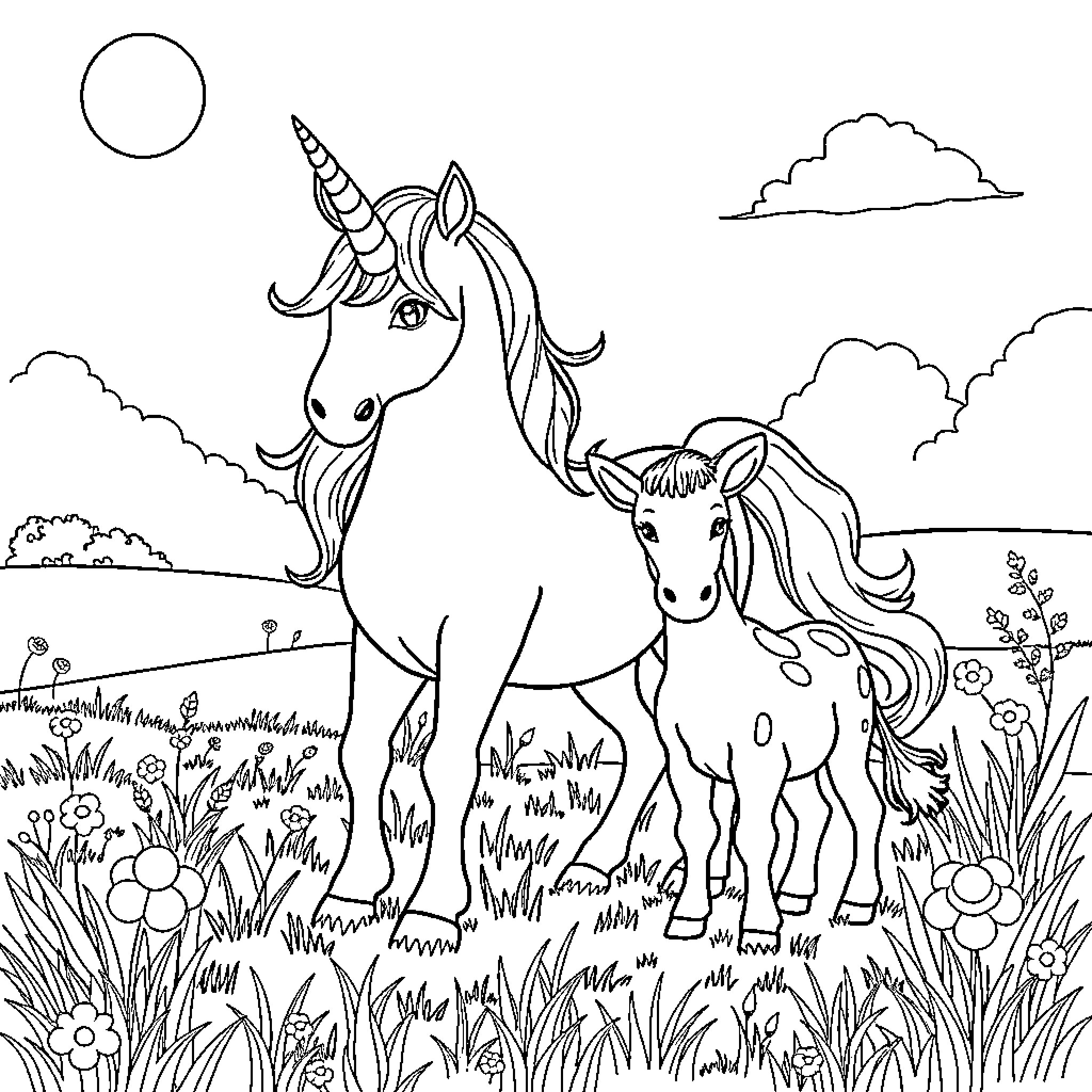 Unicorn and its baby frolicking in a meadow Coloring Page (free black-and-white line drawing printable PDF for all, from beginners to advanced learners, including children, teens, adults, and seniors)