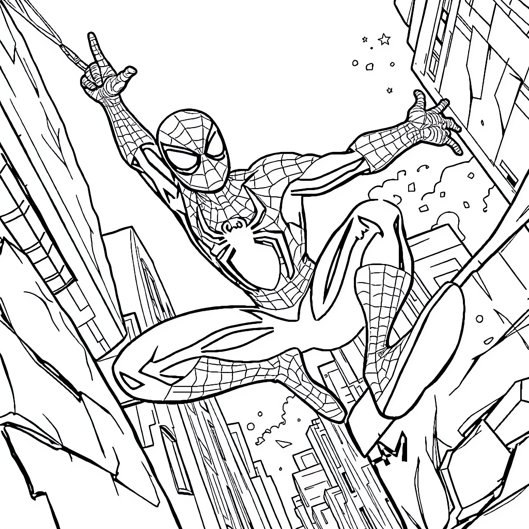 Spiderman swinging through the city skyline Coloring Page (free black-and-white line drawing printable PDF for all, from beginners to advanced learners, including children, teens, adults, and seniors)