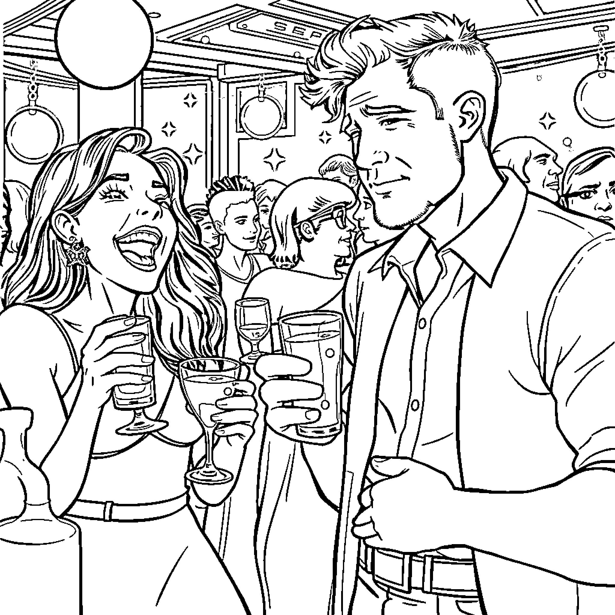 Alyssa enjoys a lively social gathering with friends Coloring Page (free black-and-white line drawing printable PDF for all, from beginners to advanced learners, including children, teens, adults, and seniors)