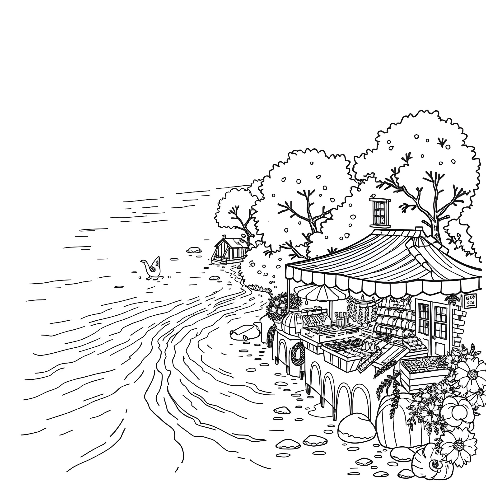 River scene with colorful carnival tents and trees Coloring Page (free black-and-white line drawing printable PDF for all, from beginners to advanced learners, including children, teens, adults, and seniors)