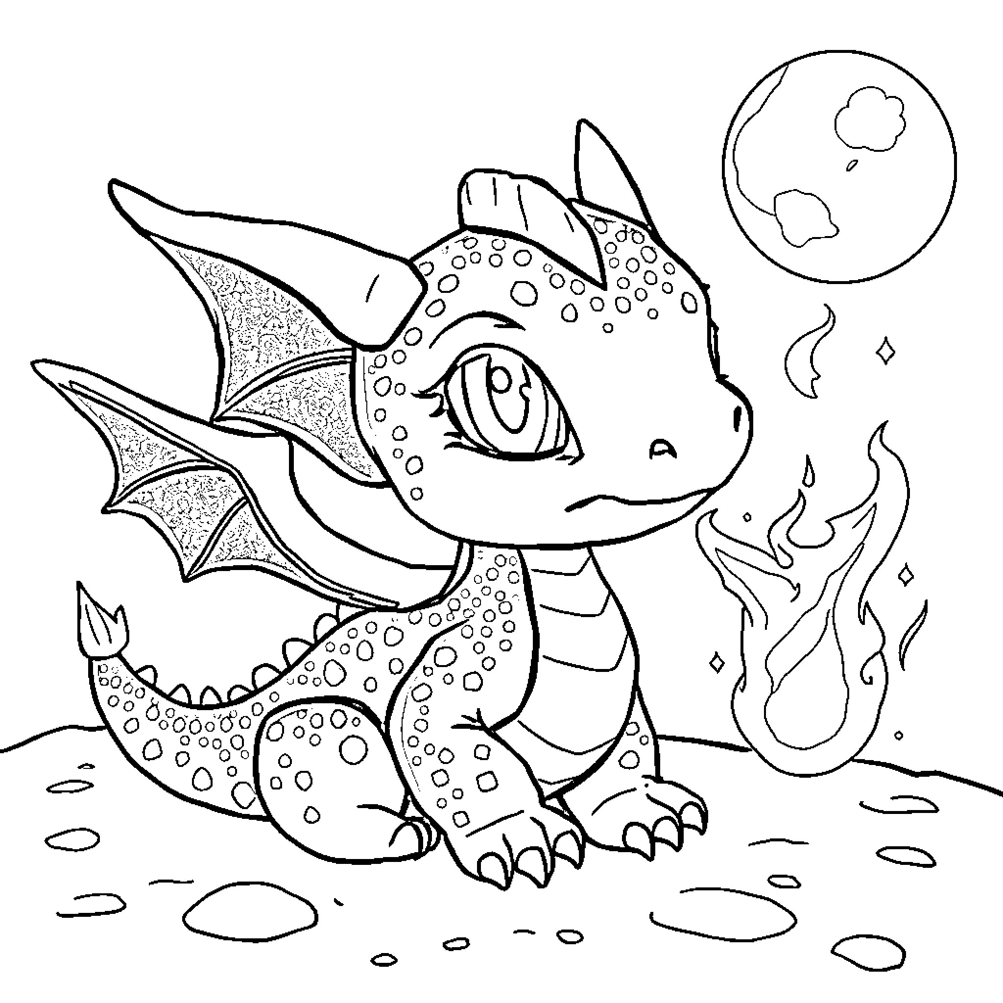 Dragon hatchling exploring its magical surroundings Coloring Page (free black-and-white line drawing printable PDF for all, from beginners to advanced learners, including children, teens, adults, and seniors)