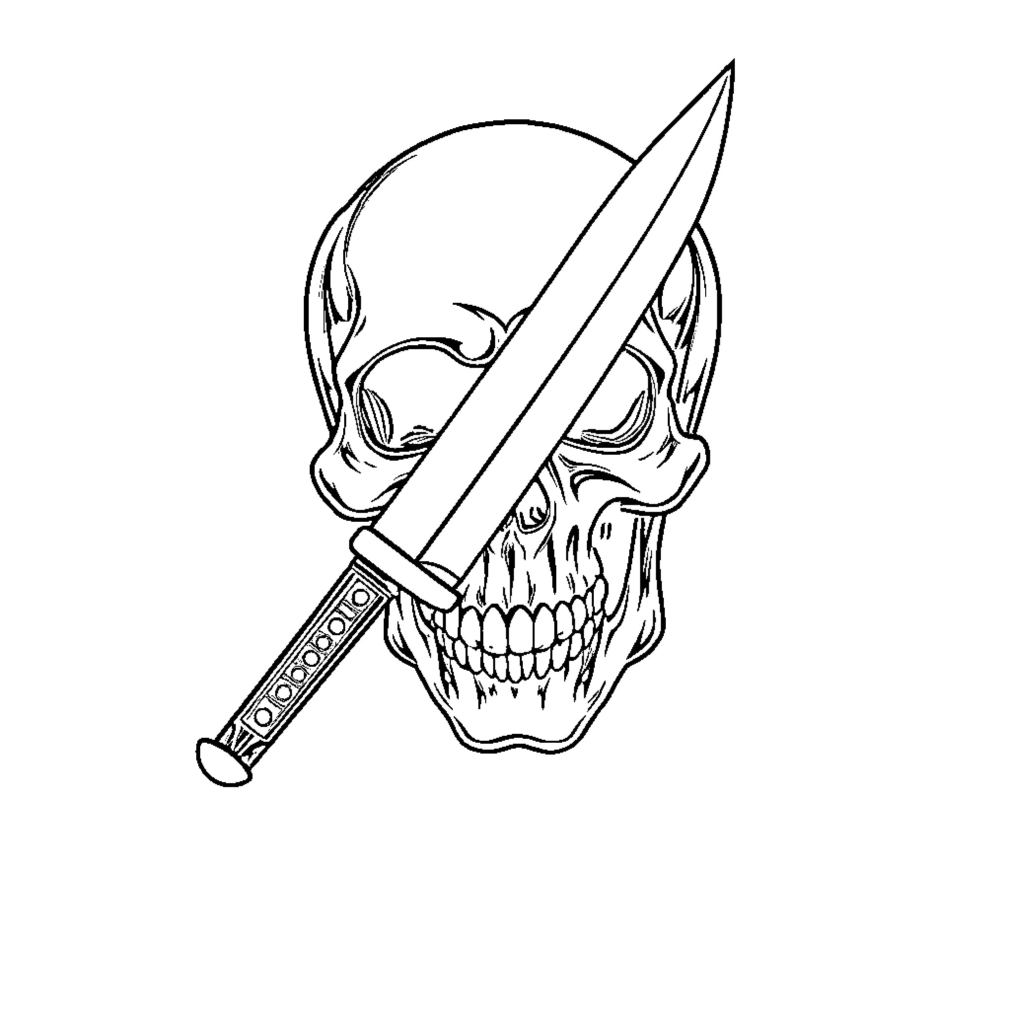 Calavera with Menacing Dagger Coloring Page (free black-and-white line drawing printable PDF for all, from beginners to advanced learners, including children, teens, adults, and seniors)
