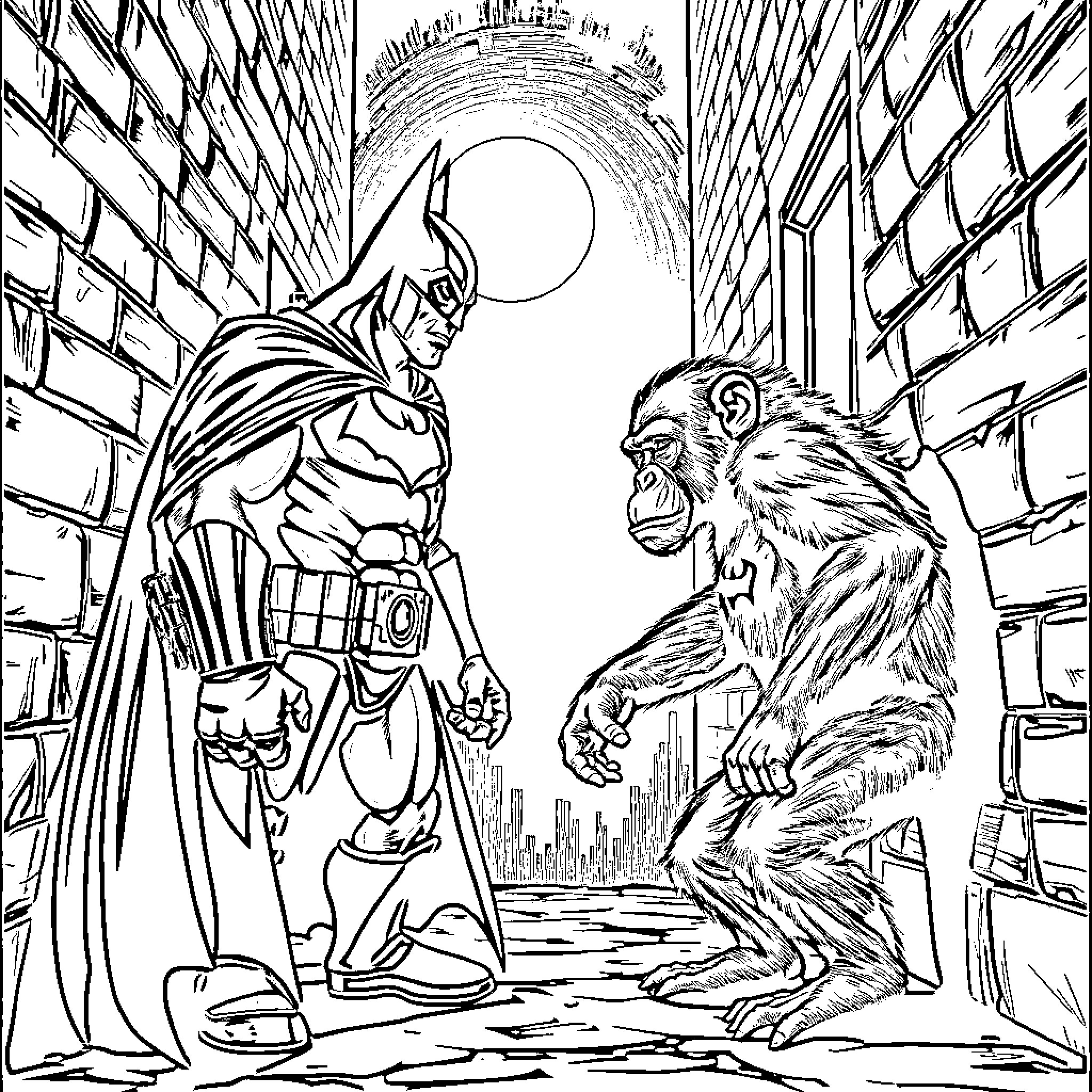 Batman Confronting a Menacing Monkey in a Dark Alleyway Coloring Page (free black-and-white line drawing printable PDF for all, from beginners to advanced learners, including children, teens, adults, and seniors)