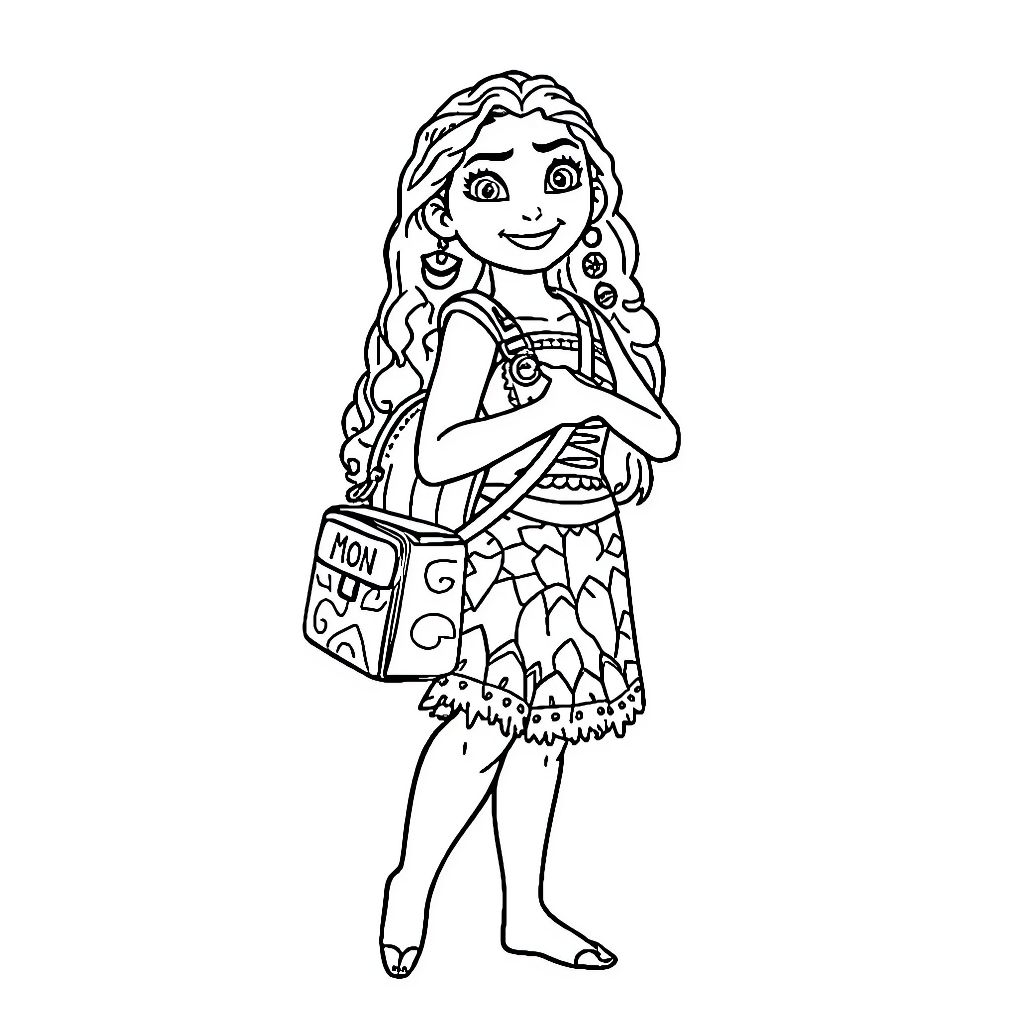 Moana exploring with excitement and curiosity Coloring Page (free black-and-white line drawing printable PDF for all, from beginners to advanced learners, including children, teens, adults, and seniors)