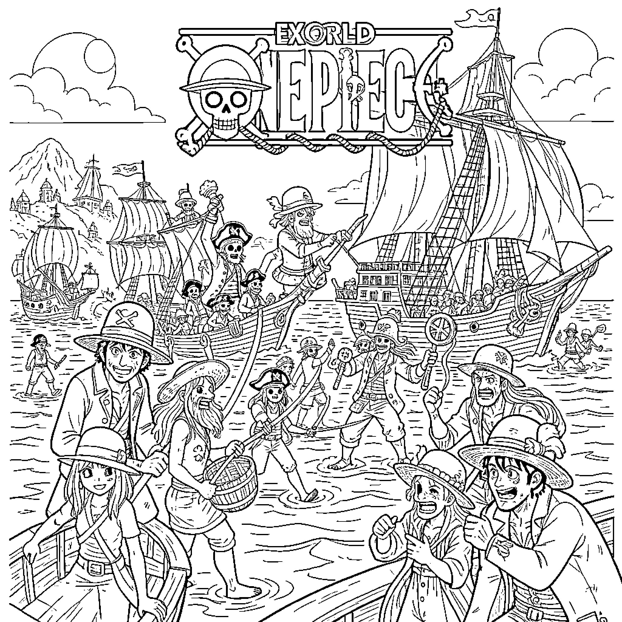 One Piece: Lively Pirate Adventure on the High Seas Coloring Page (free black-and-white line drawing printable PDF for all, from beginners to advanced learners, including children, teens, adults, and seniors)
