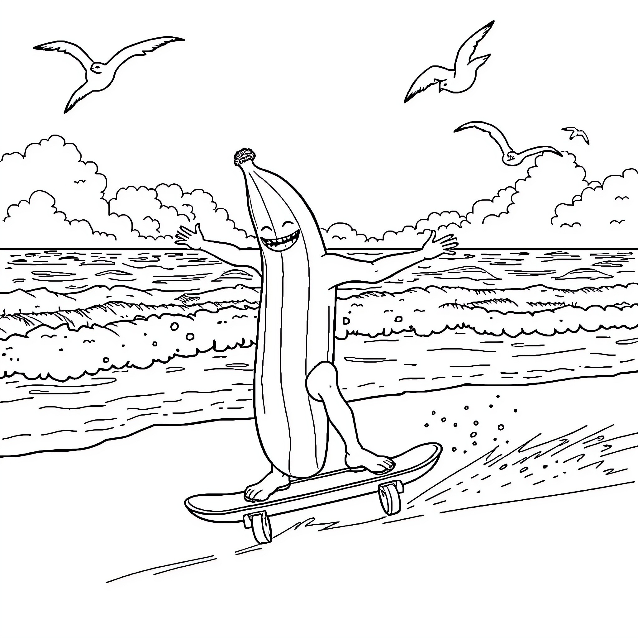Banana surfing joyfully on ocean waves Coloring Page (free black-and-white line drawing printable PDF for all, from beginners to advanced learners, including children, teens, adults, and seniors)