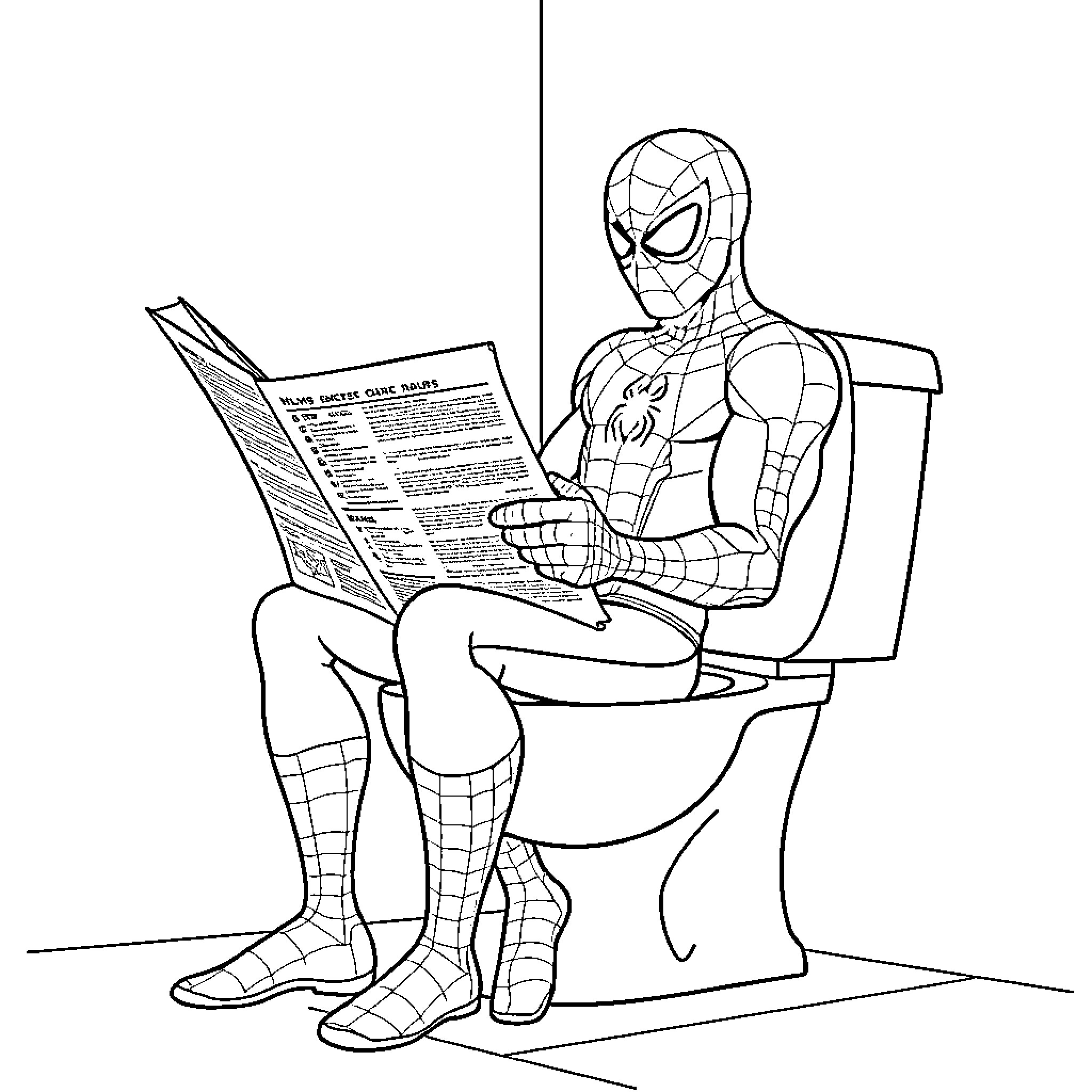 Spiderman reading newspaper on toilet Coloring Page (free black-and-white line drawing printable PDF for all, from beginners to advanced learners, including children, teens, adults, and seniors)