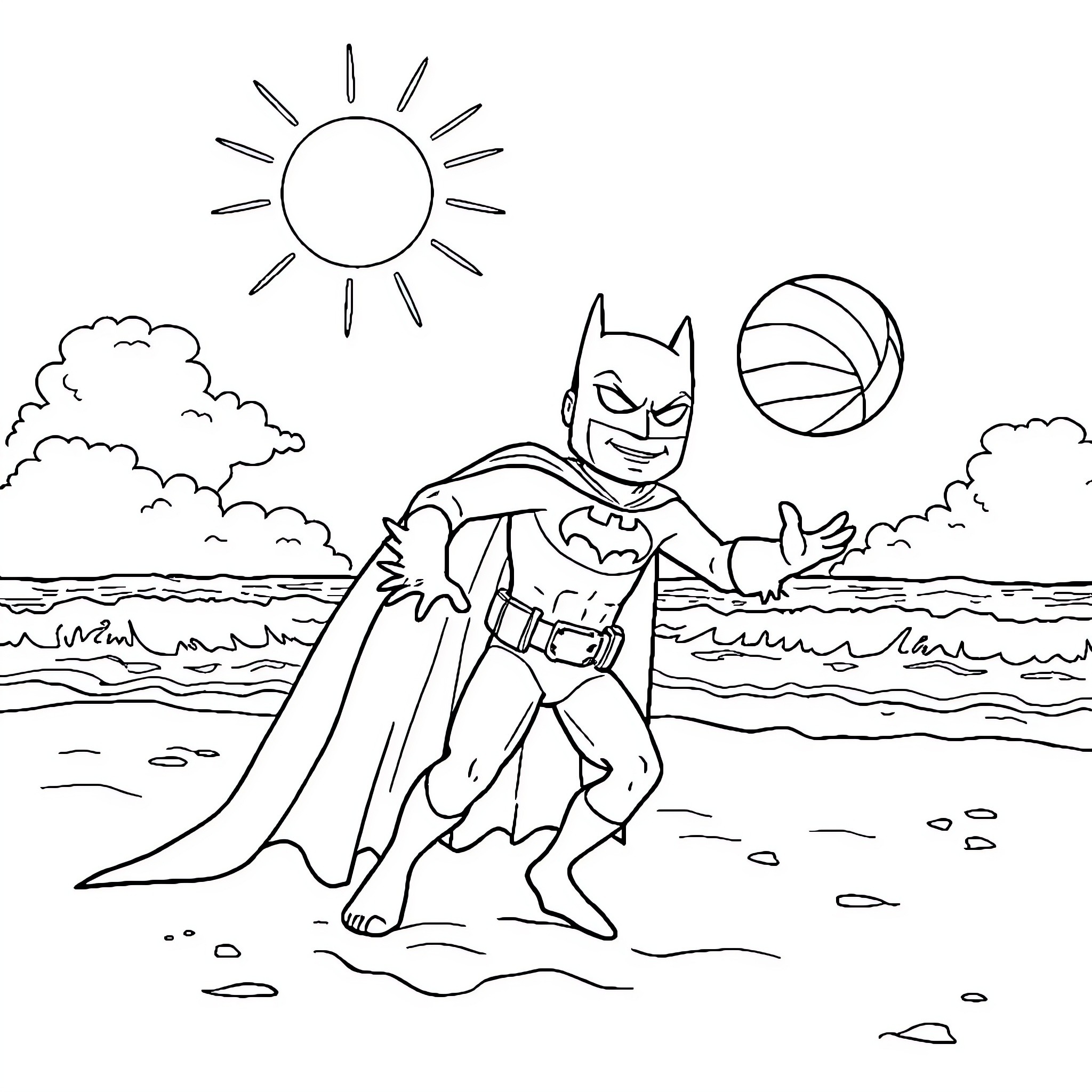 Batman playing with a beach ball by the ocean Coloring Page (free black-and-white line drawing printable PDF for all, from beginners to advanced learners, including children, teens, adults, and seniors)