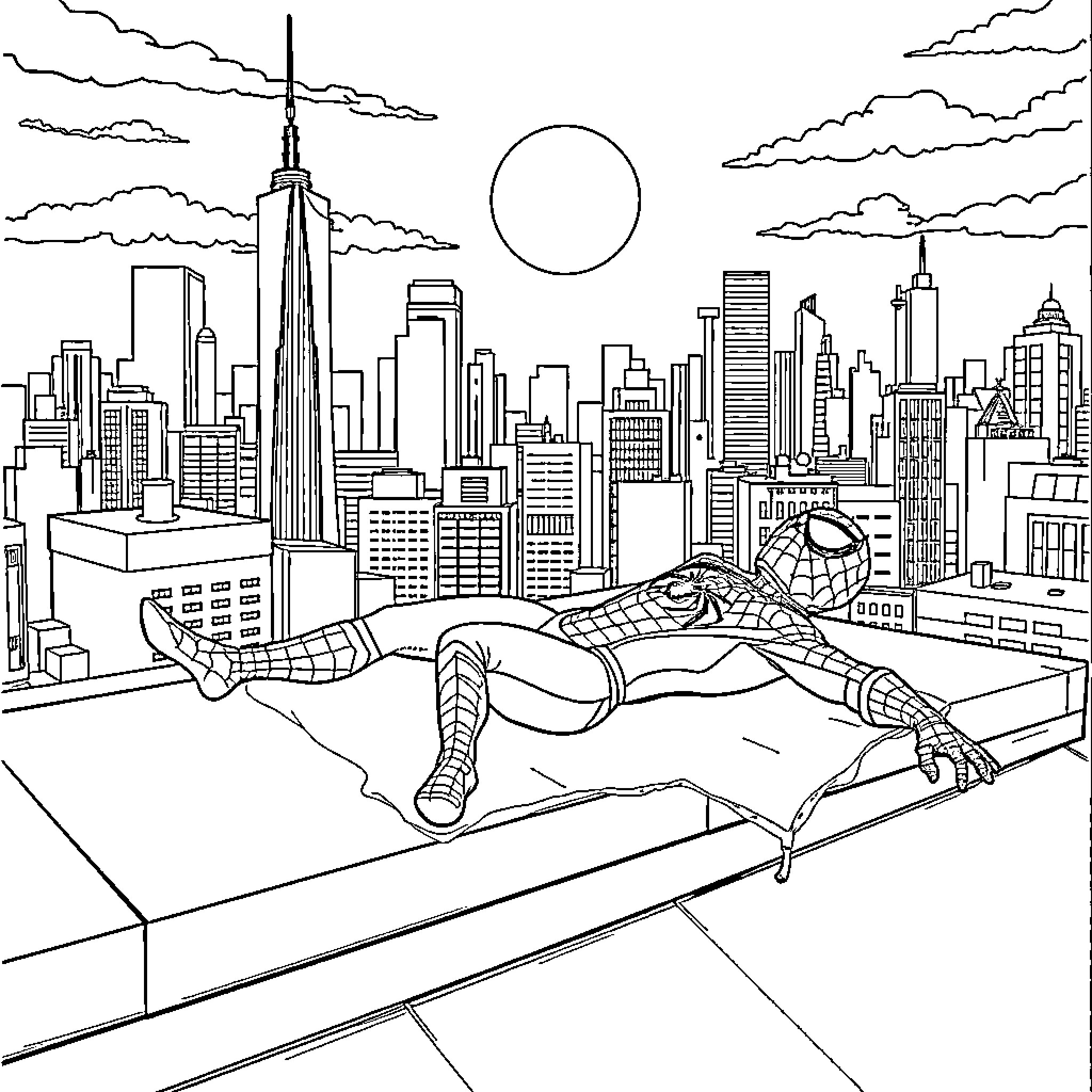Spiderman swinging through the city skyline Coloring Page (free black-and-white line drawing printable PDF for all, from beginners to advanced learners, including children, teens, adults, and seniors)