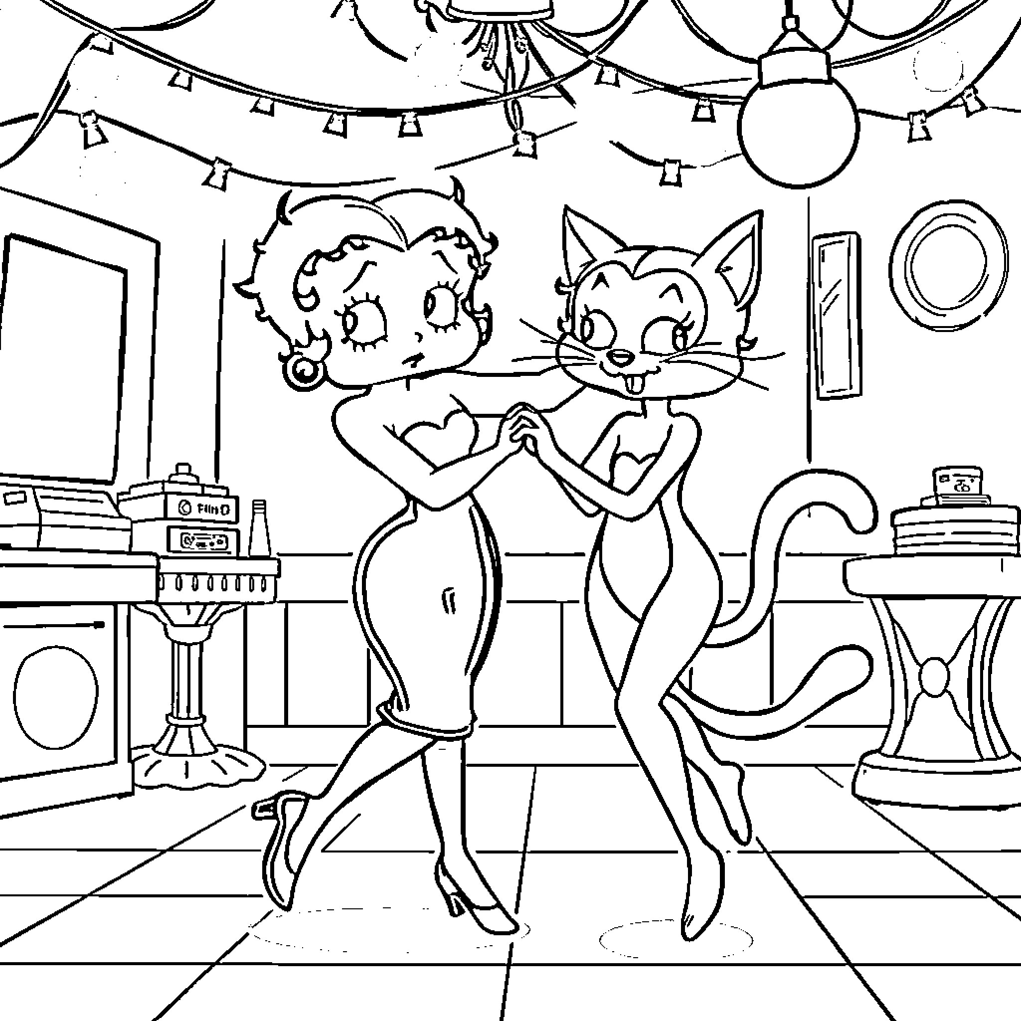 Betty Boop and Cute Cat Dancing Together at a Party Coloring Page (free black-and-white line drawing printable PDF for all, from beginners to advanced learners, including children, teens, adults, and seniors)
