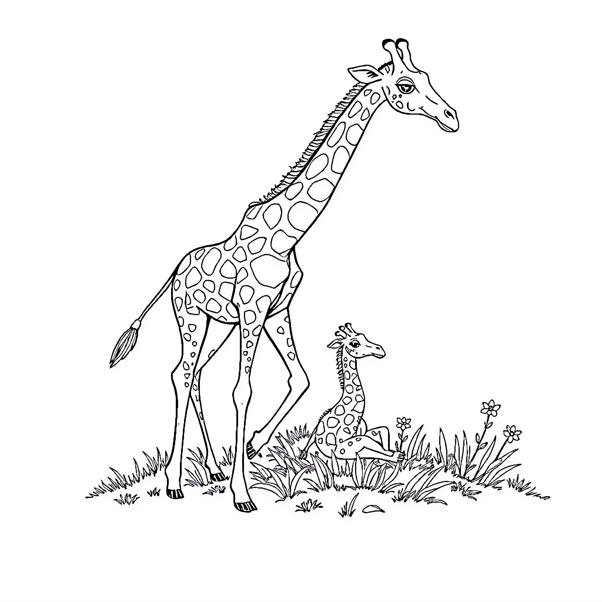 Giraffe and calf in a grassy landscape Coloring Page (free black-and-white line drawing printable PDF for all, from beginners to advanced learners, including children, teens, adults, and seniors)