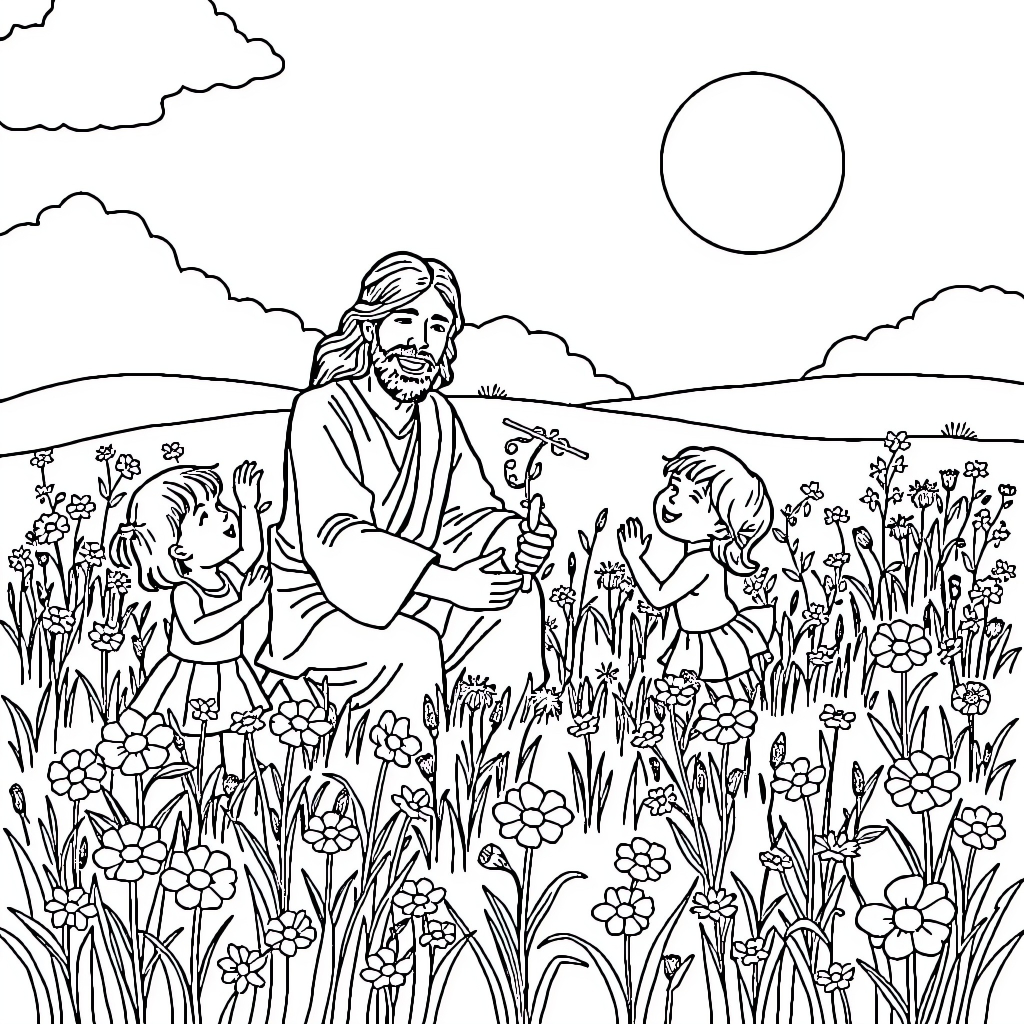 Jesus sharing and blessing with children in a field Coloring Page (free black-and-white line drawing printable PDF for all, from beginners to advanced learners, including children, teens, adults, and seniors)