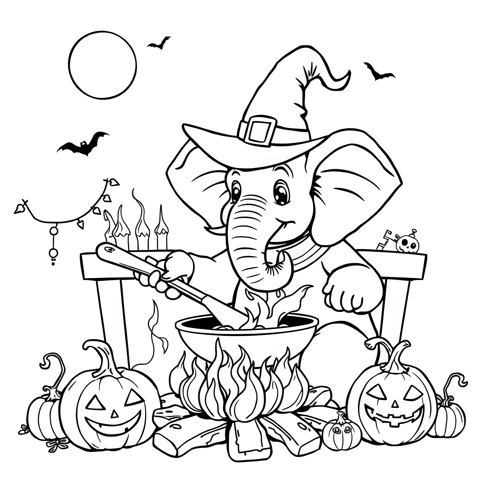 Elephant witch stirring a cauldron on Halloween Coloring Page (free black-and-white line drawing printable PDF for all, from beginners to advanced learners, including children, teens, adults, and seniors)