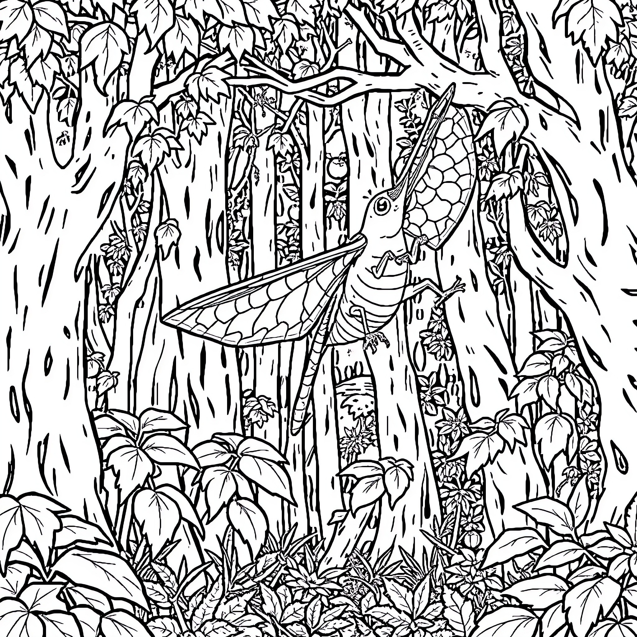 Cornebidouille: Whimsical Insect Encounter in the Enchanted Forest Coloring Page (free black-and-white line drawing printable PDF for all, from beginners to advanced learners, including children, teens, adults, and seniors)