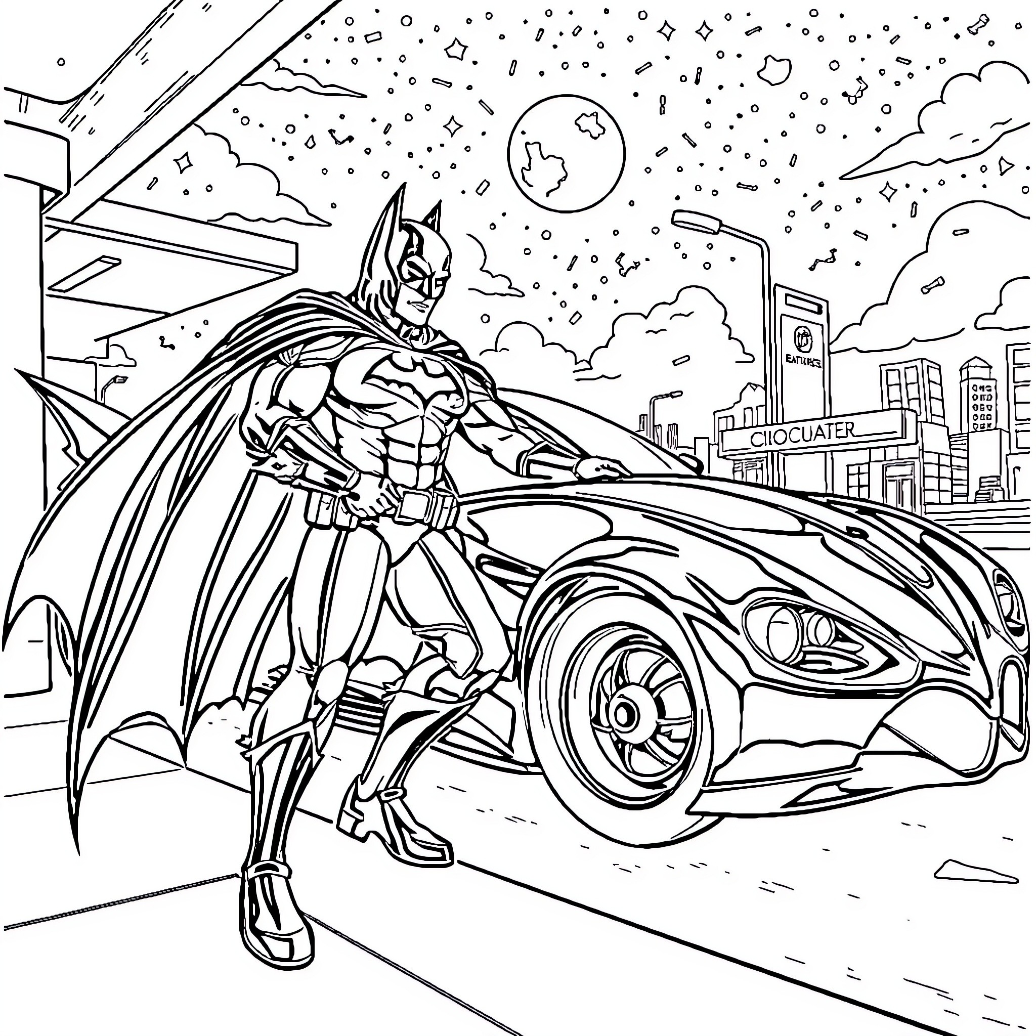 Batman's Night Patrol in the City Coloring Page (free black-and-white line drawing printable PDF for all, from beginners to advanced learners, including children, teens, adults, and seniors)