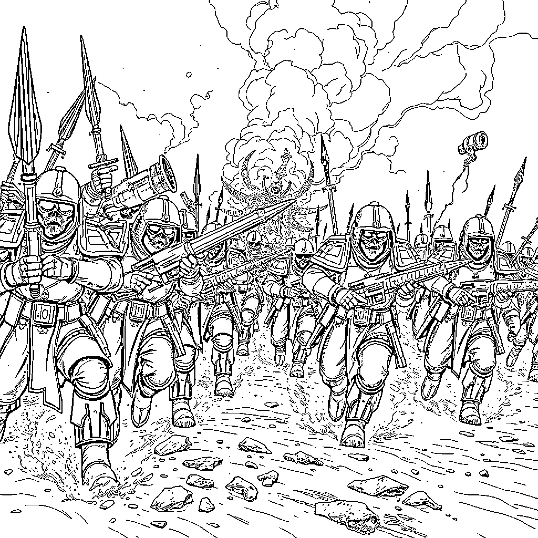 Astra Militarum: Soldiers Marching to War Coloring Page (free black-and-white line drawing printable PDF for all, from beginners to advanced learners, including children, teens, adults, and seniors)