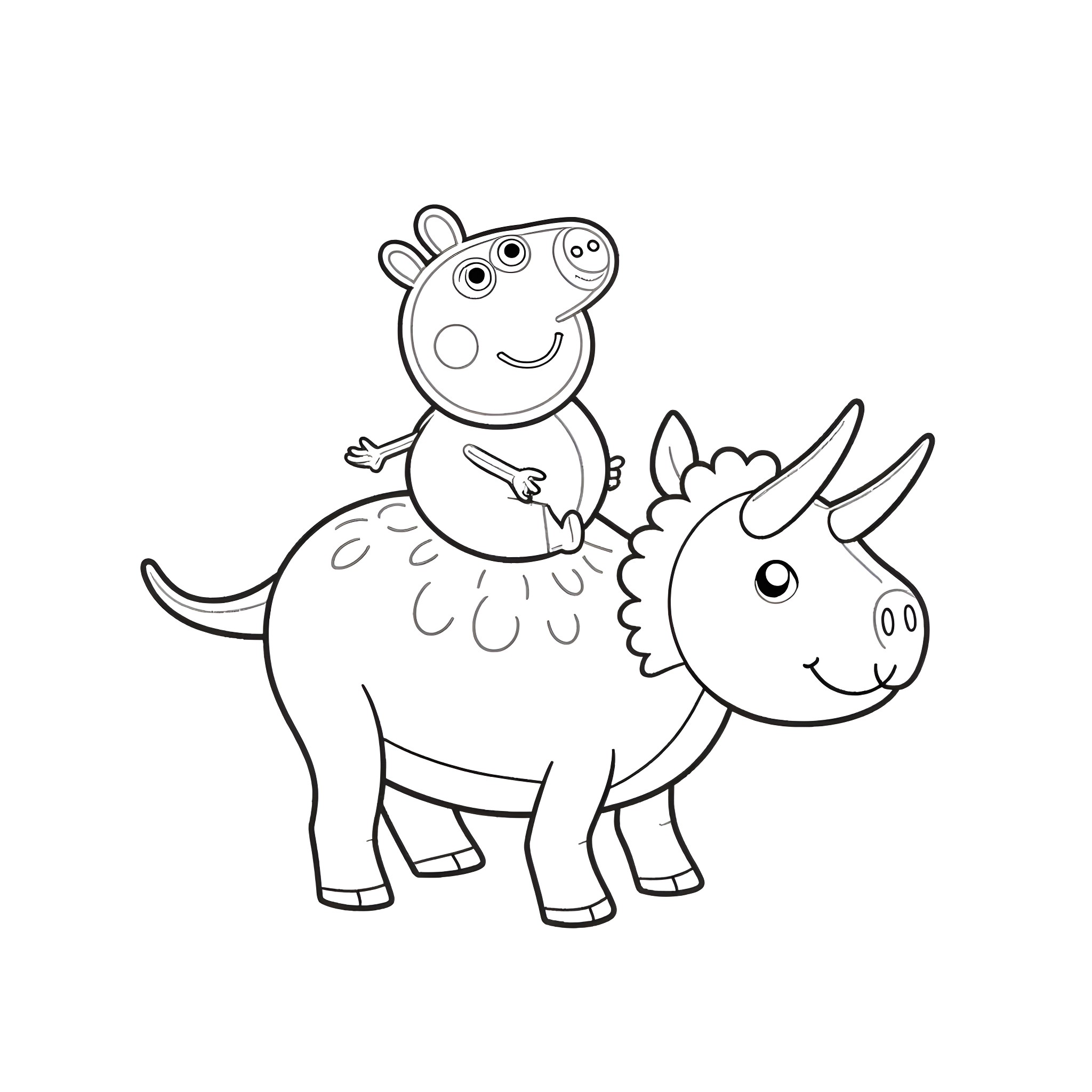 Peppa Pig riding a dinosaur Coloring Page (free black-and-white line drawing printable PDF for all, from beginners to advanced learners, including children, teens, adults, and seniors)