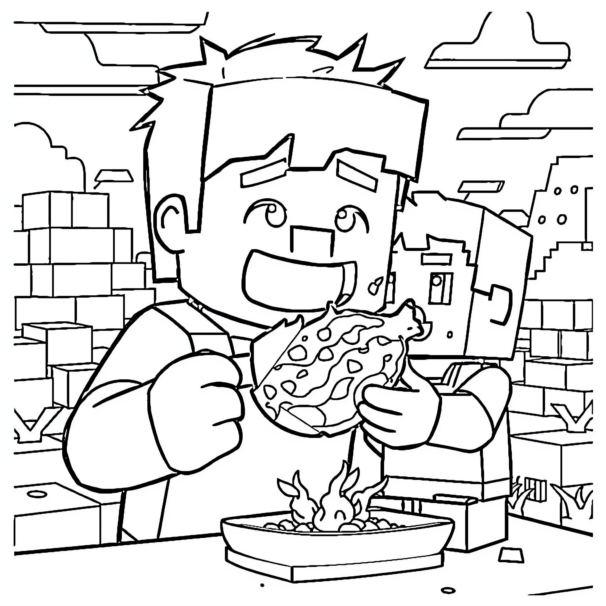 Jack Black enjoying a delicious pizza in the city Coloring Page (free black-and-white line drawing printable PDF for all, from beginners to advanced learners, including children, teens, adults, and seniors)