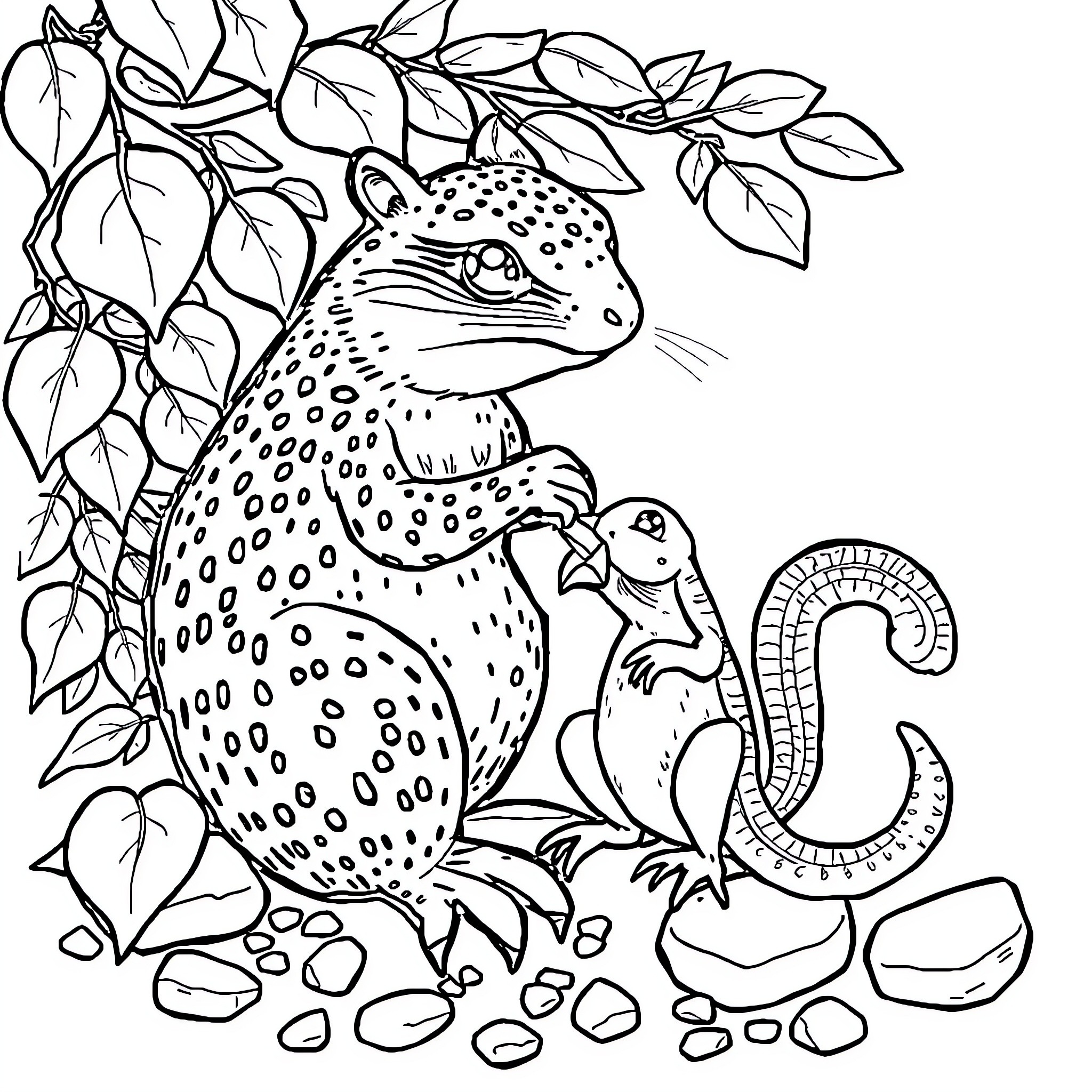 Sapo resting peacefully amidst nature Coloring Page (free black-and-white line drawing printable PDF for all, from beginners to advanced learners, including children, teens, adults, and seniors)