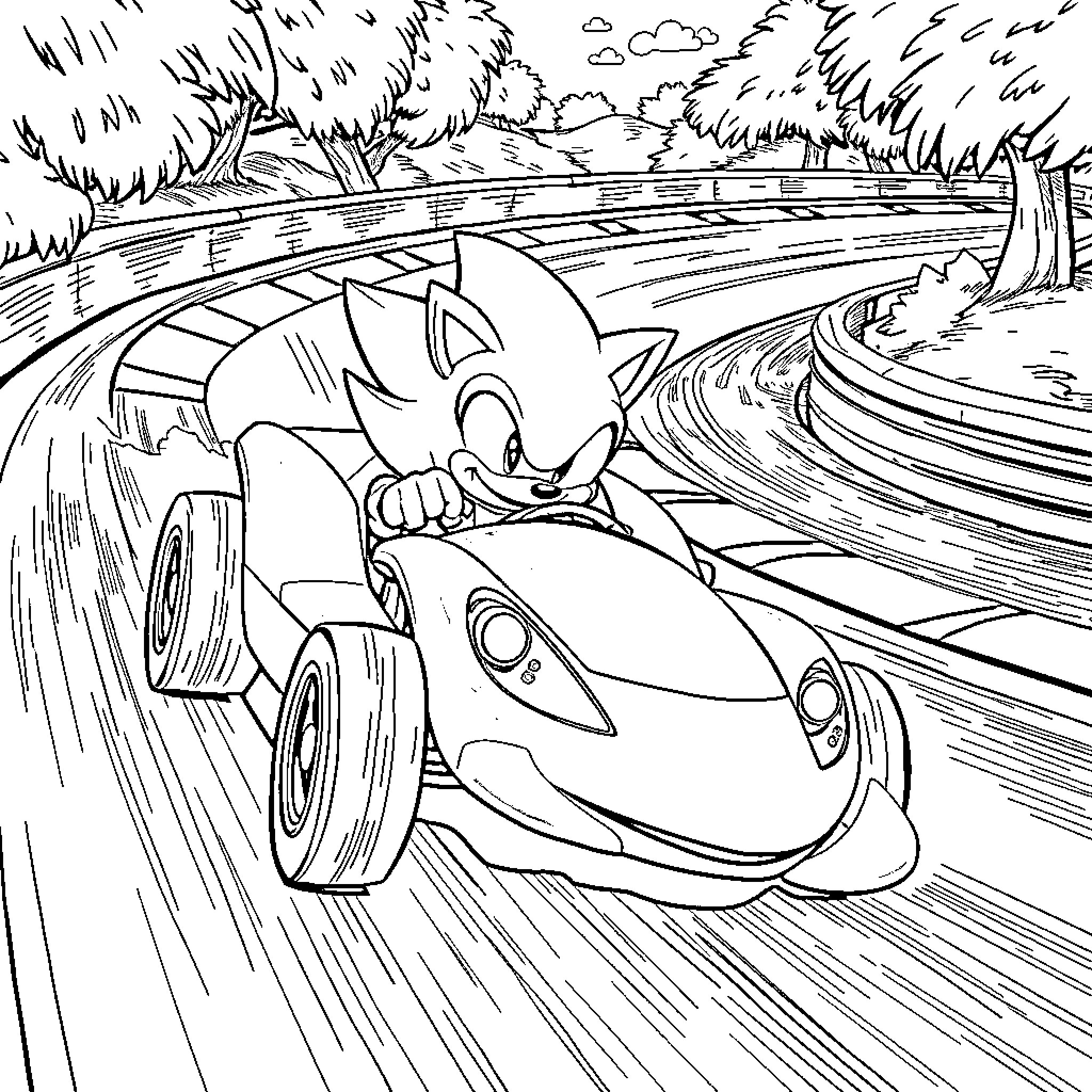 Sonic racing through a winding road in the forest Coloring Page (free black-and-white line drawing printable PDF for all, from beginners to advanced learners, including children, teens, adults, and seniors)