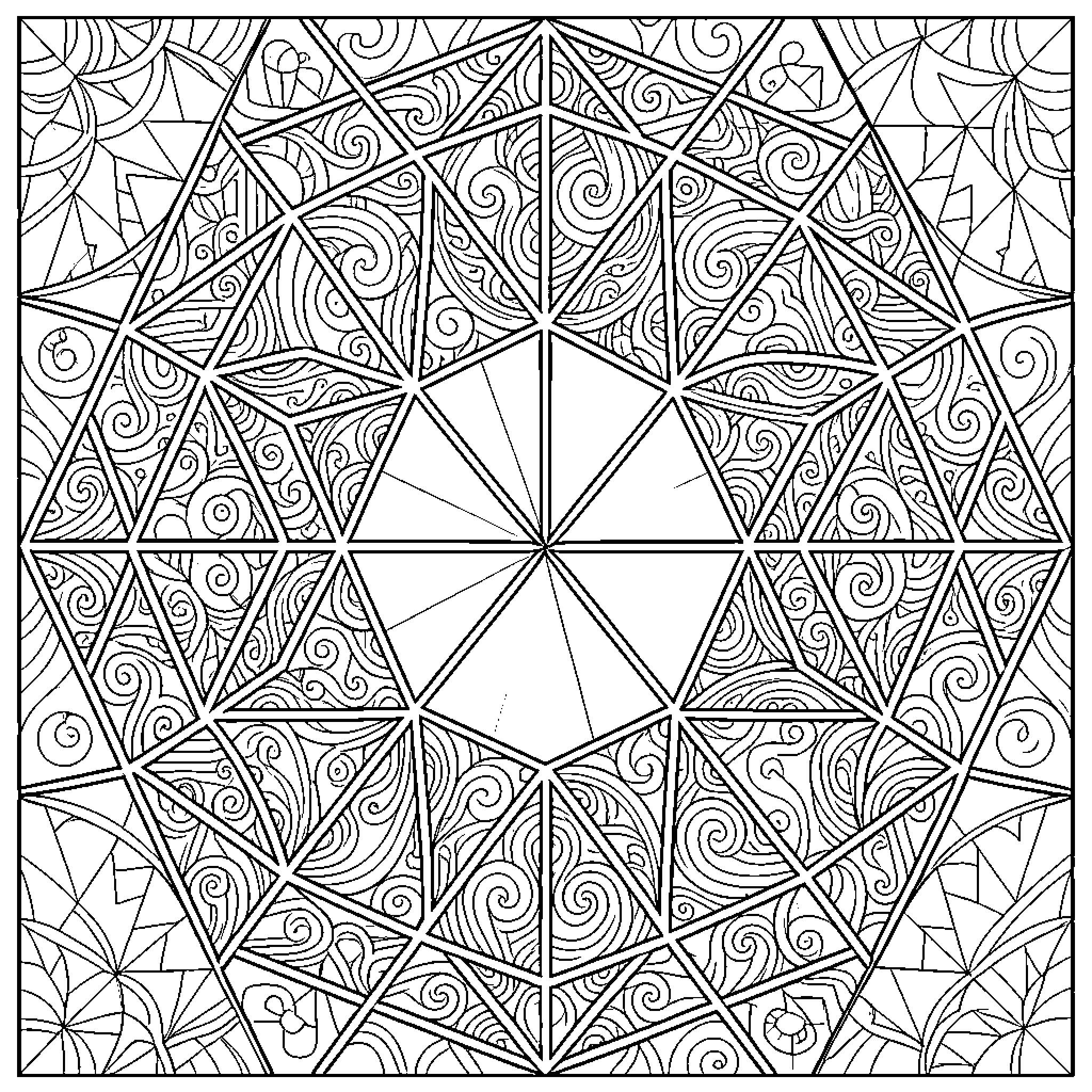 Geodesic Patterns of Intersecting Geometric Shapes Coloring Page (free black-and-white line drawing printable PDF for all, from beginners to advanced learners, including children, teens, adults, and seniors)