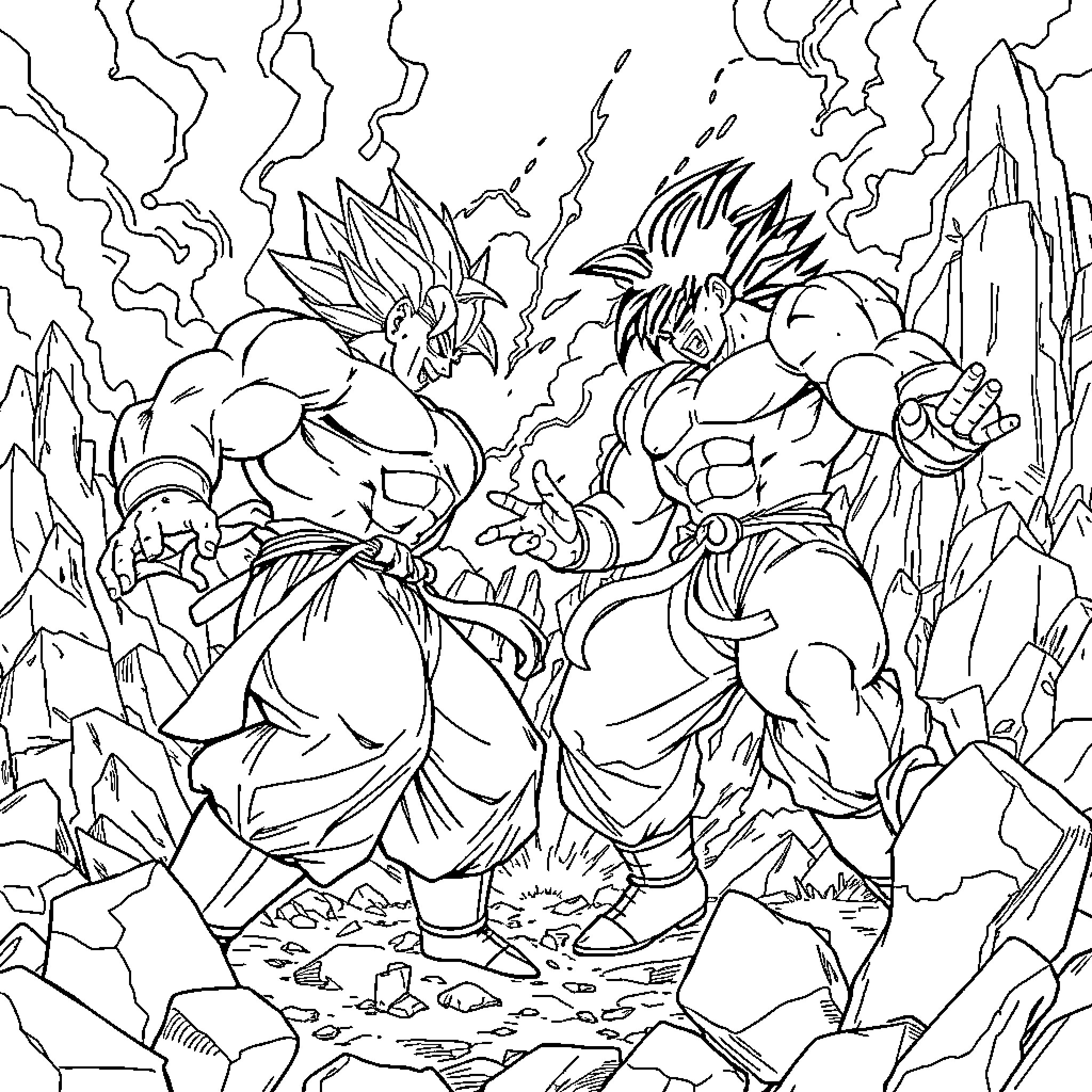 Broly's Clash with Goku and Vegeta in an Intense Battle Coloring Page (free black-and-white line drawing printable PDF for all, from beginners to advanced learners, including children, teens, adults, and seniors)