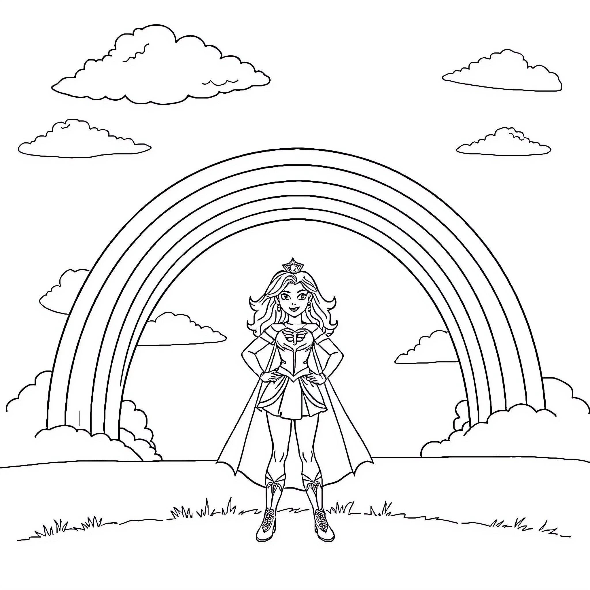 Superhero Princess Stands Under Radiant Rainbow Coloring Page (free black-and-white line drawing printable PDF for all, from beginners to advanced learners, including children, teens, adults, and seniors)