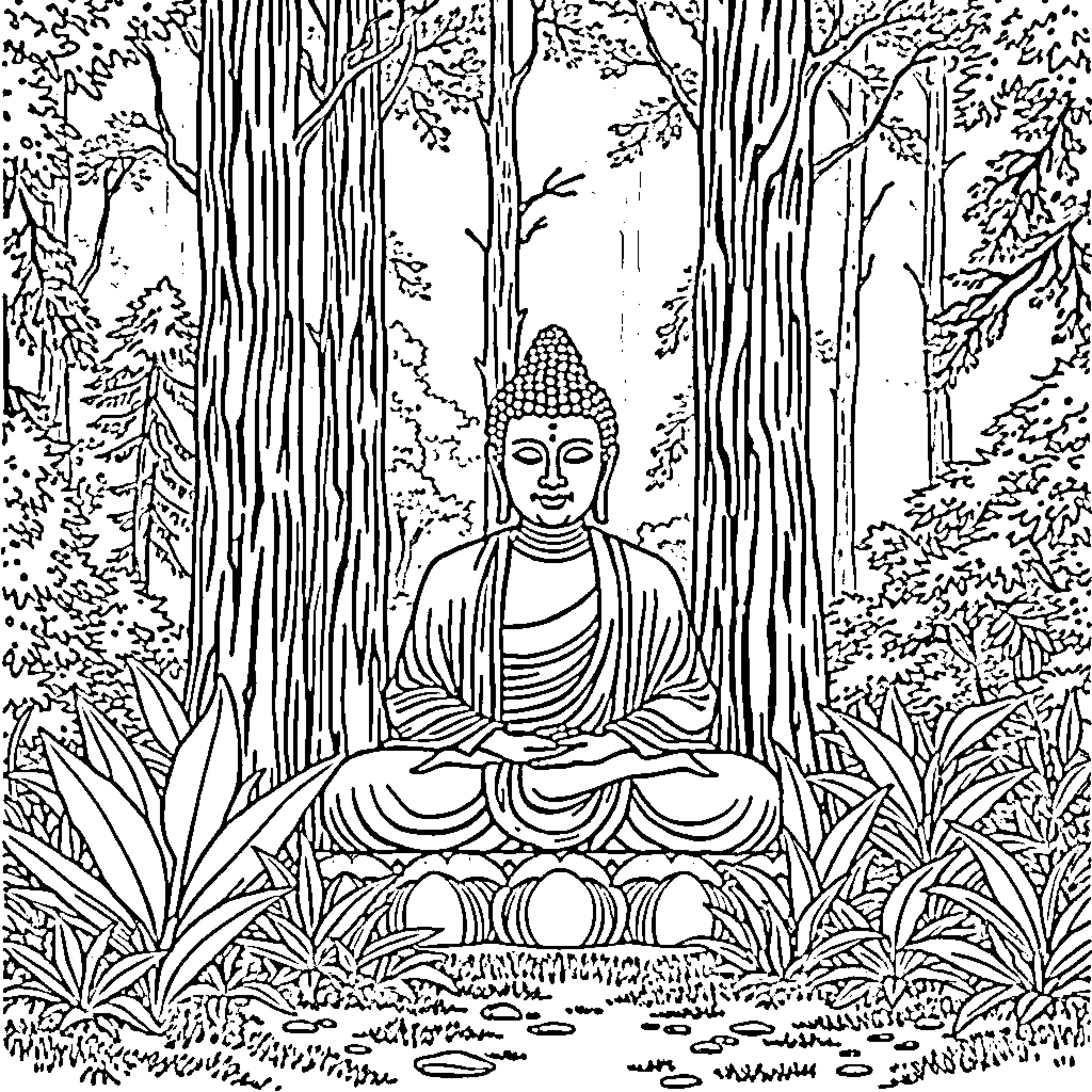 Buddha in peaceful forest meditation Coloring Page (free black-and-white line drawing printable PDF for all, from beginners to advanced learners, including children, teens, adults, and seniors)