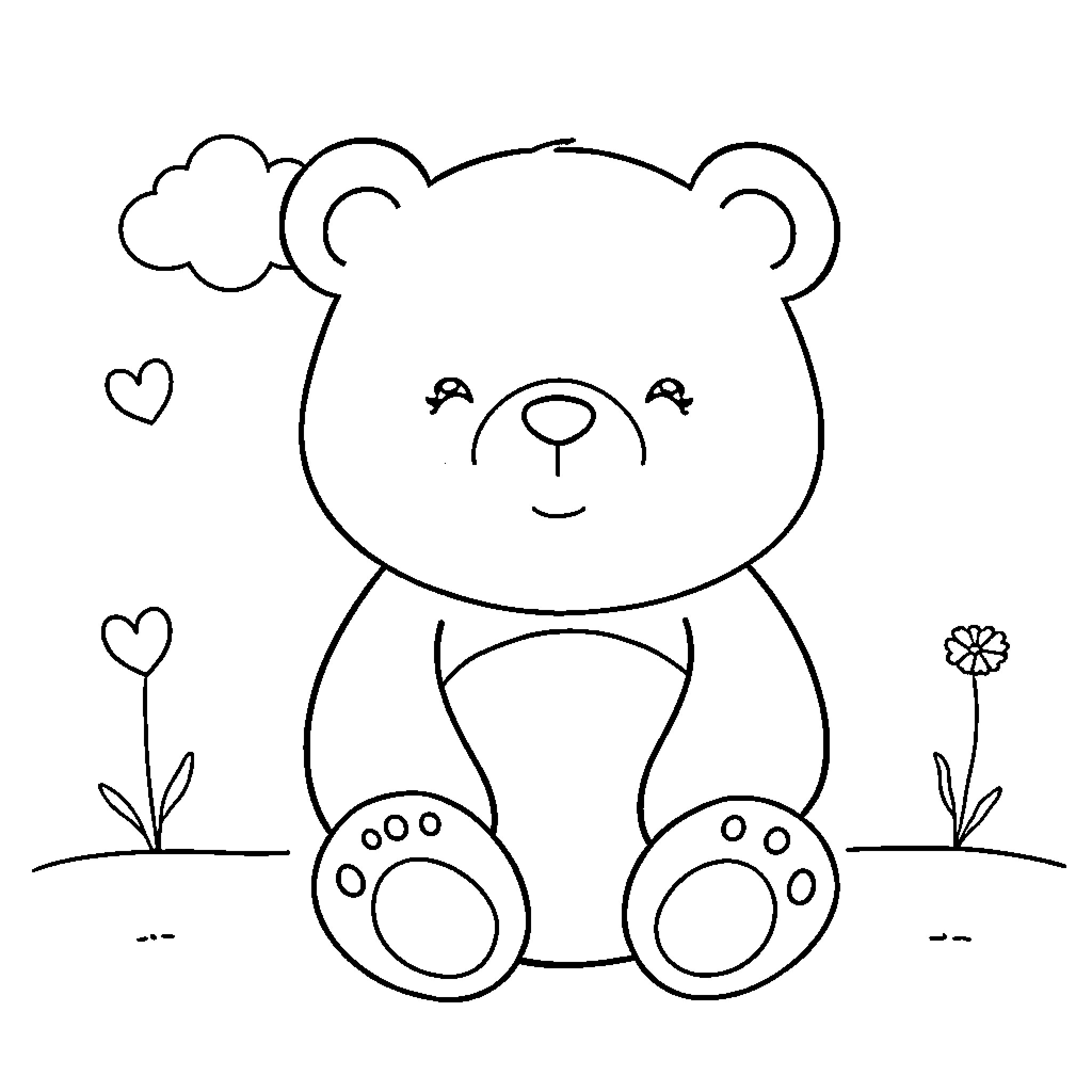 Bear in Cute Cartoon Landscape Coloring Page (free black-and-white line drawing printable PDF for all, from beginners to advanced learners, including children, teens, adults, and seniors)