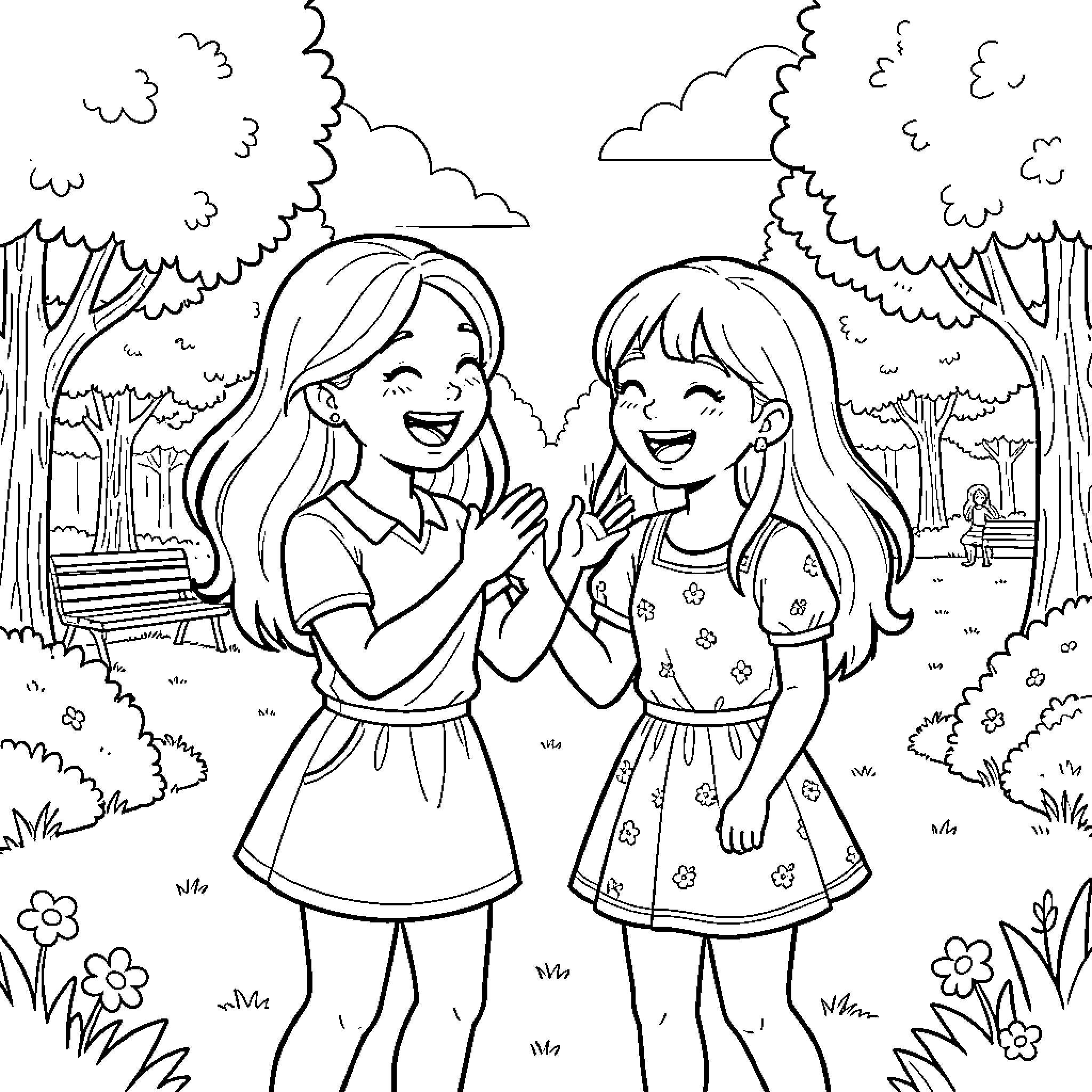 Gaby and her friend laughing together in the park Coloring Page (free black-and-white line drawing printable PDF for all, from beginners to advanced learners, including children, teens, adults, and seniors)