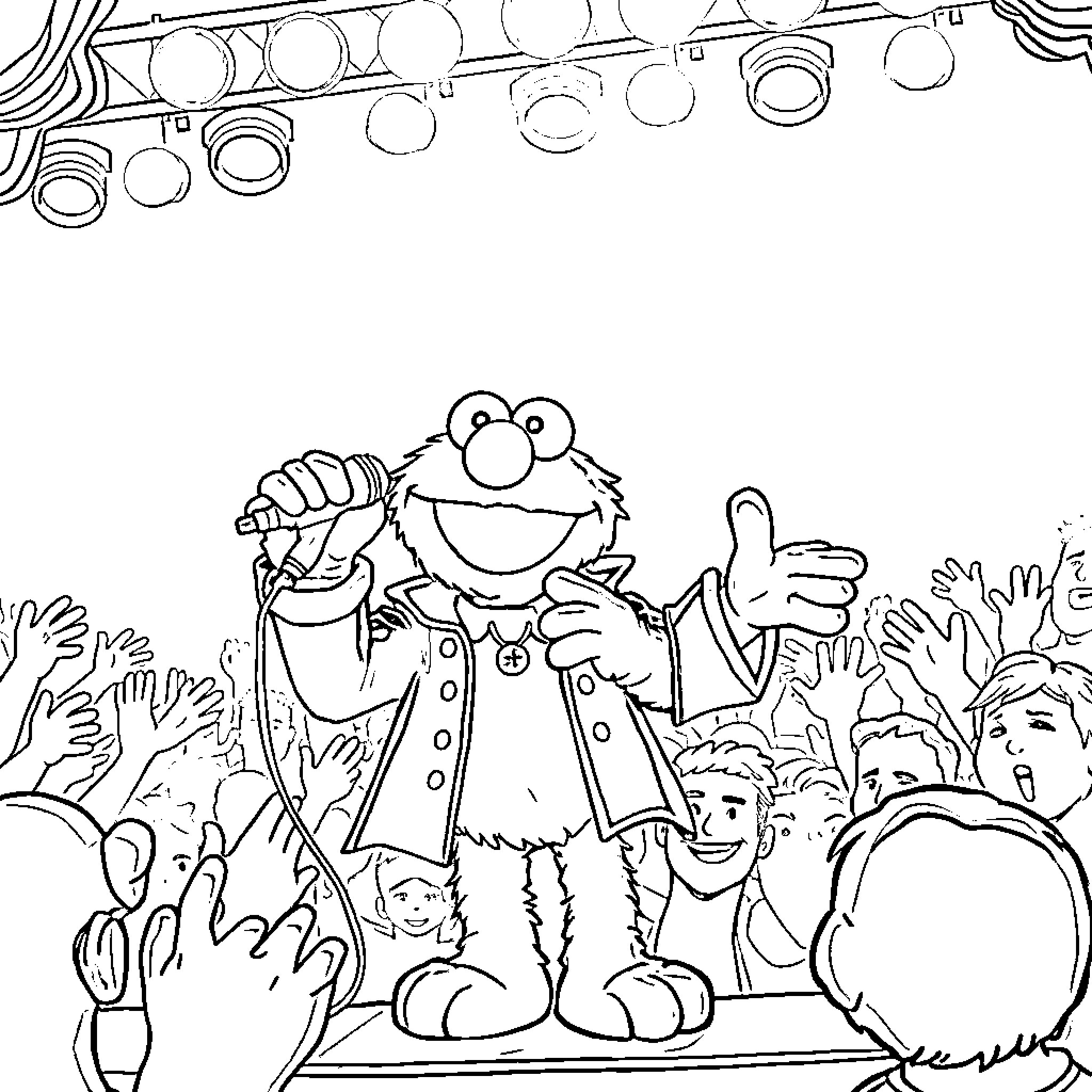 Elmo performing with an enthusiastic crowd Coloring Page (free black-and-white line drawing printable PDF for all, from beginners to advanced learners, including children, teens, adults, and seniors)