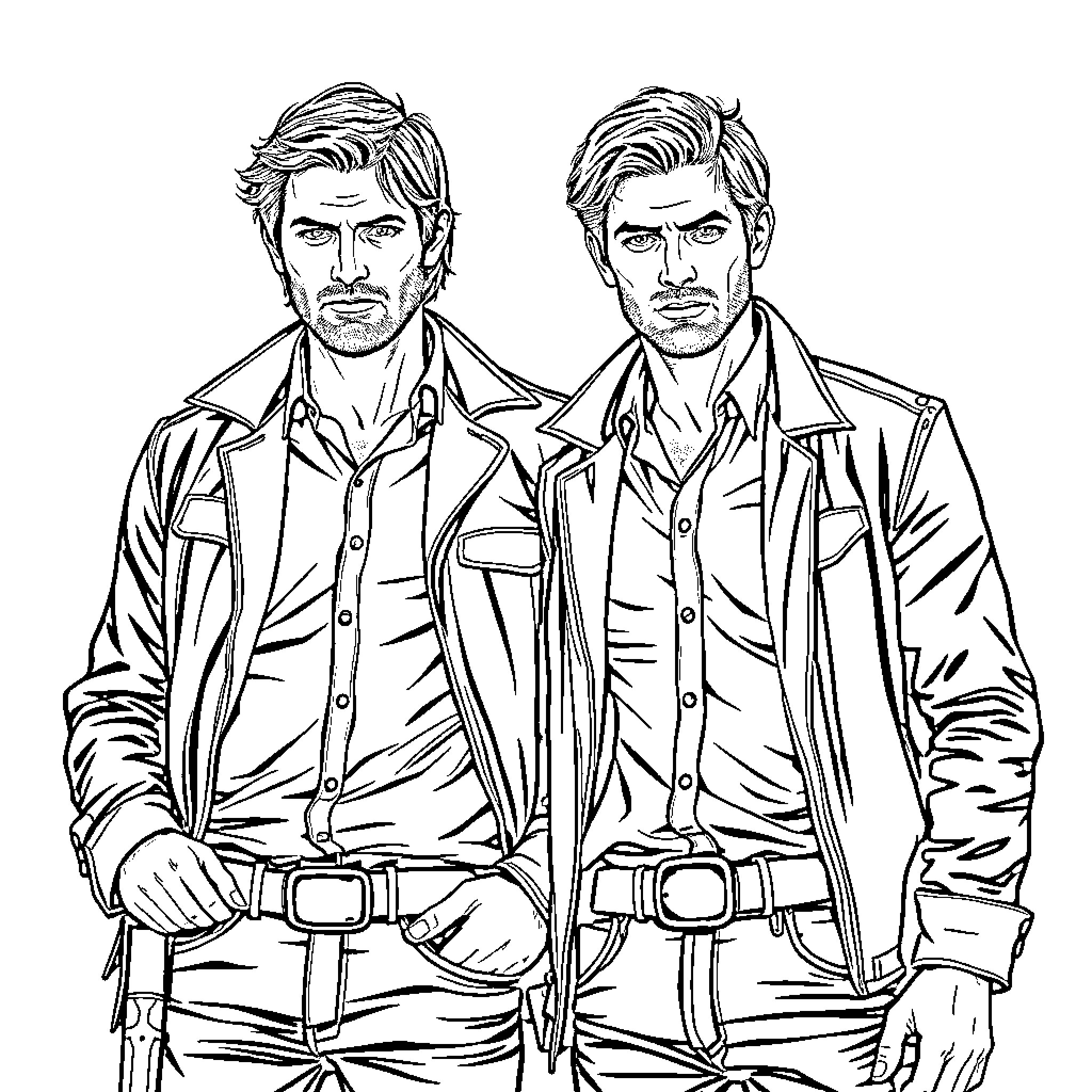 Winchester Brothers in Focused Poses Coloring Page (free black-and-white line drawing printable PDF for all, from beginners to advanced learners, including children, teens, adults, and seniors)