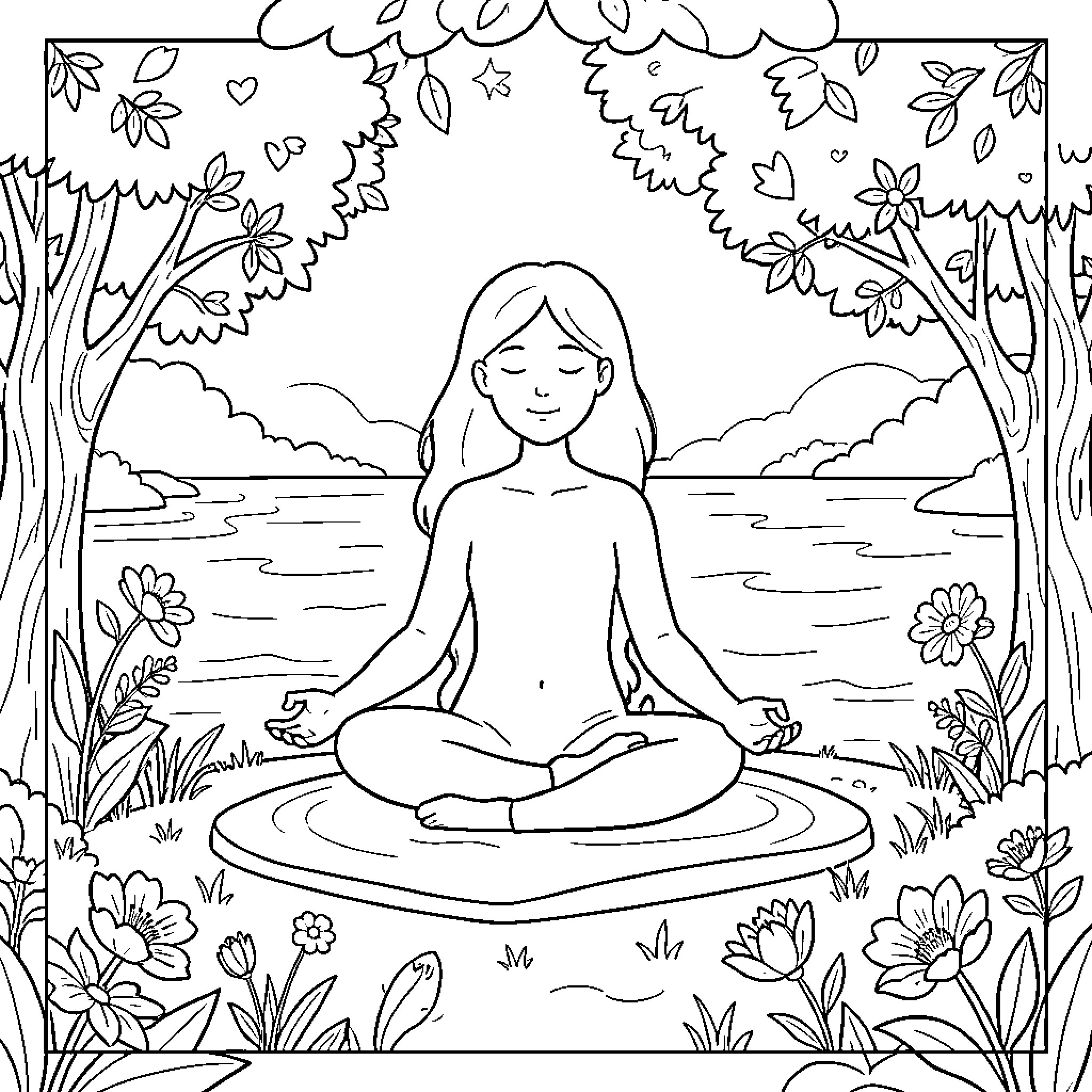 Grounding Technique: Person meditating in nature Coloring Page (free black-and-white line drawing printable PDF for all, from beginners to advanced learners, including children, teens, adults, and seniors)