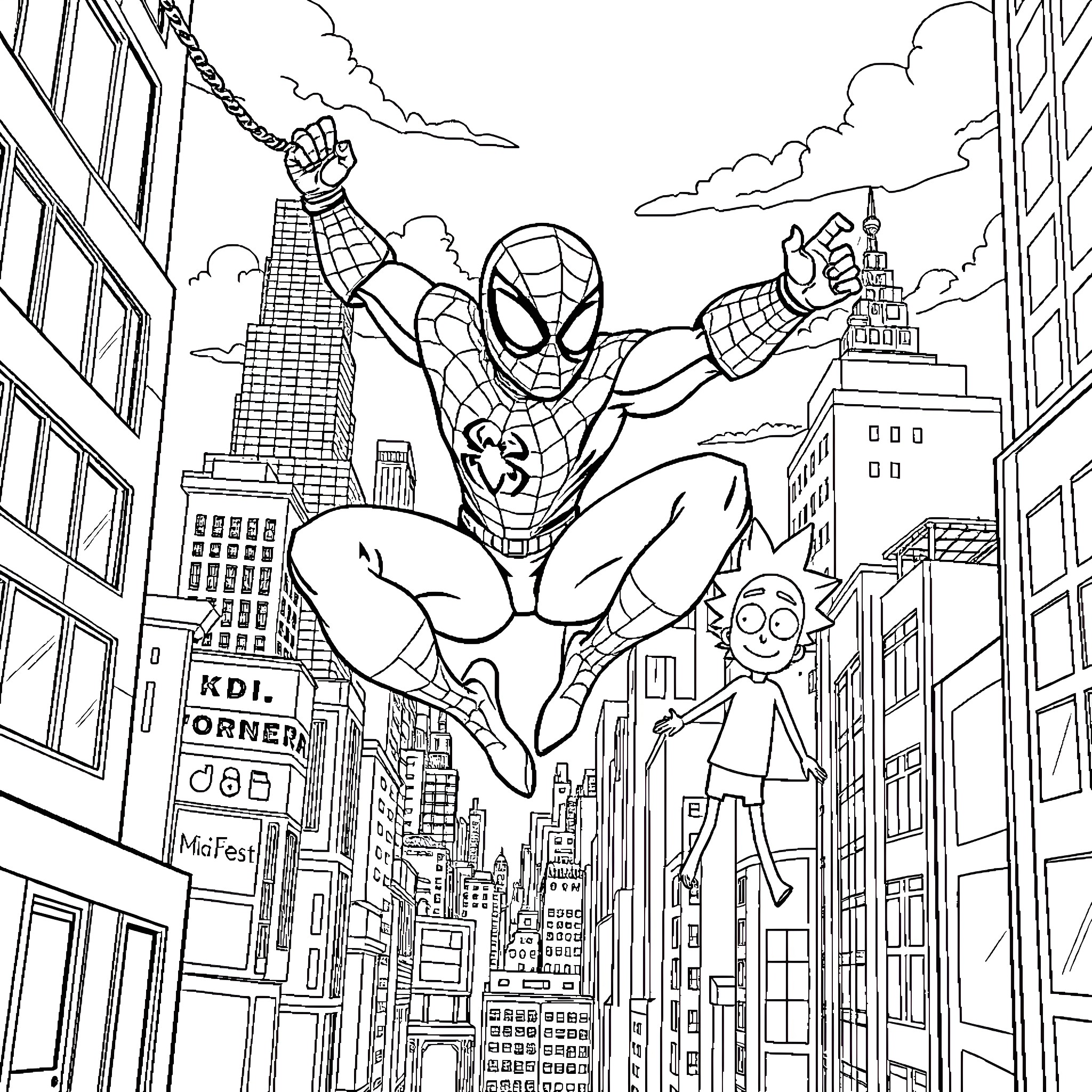 Spiderman swinging through the city skyline Coloring Page (free black-and-white line drawing printable PDF for all, from beginners to advanced learners, including children, teens, adults, and seniors)