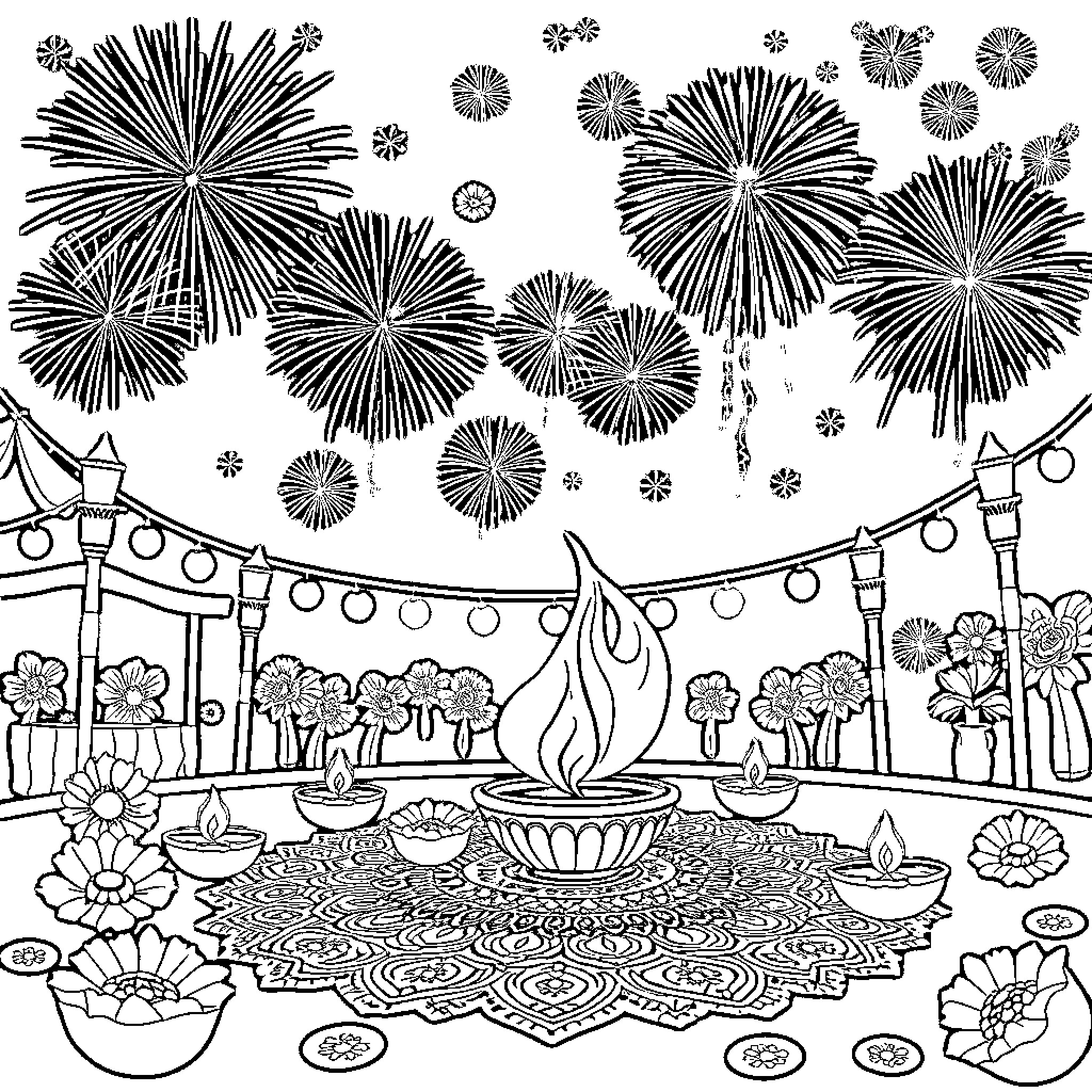 Diwali Celebration with Vibrant Fireworks and Illumination Coloring Page (free black-and-white line drawing printable PDF for all, from beginners to advanced learners, including children, teens, adults, and seniors)
