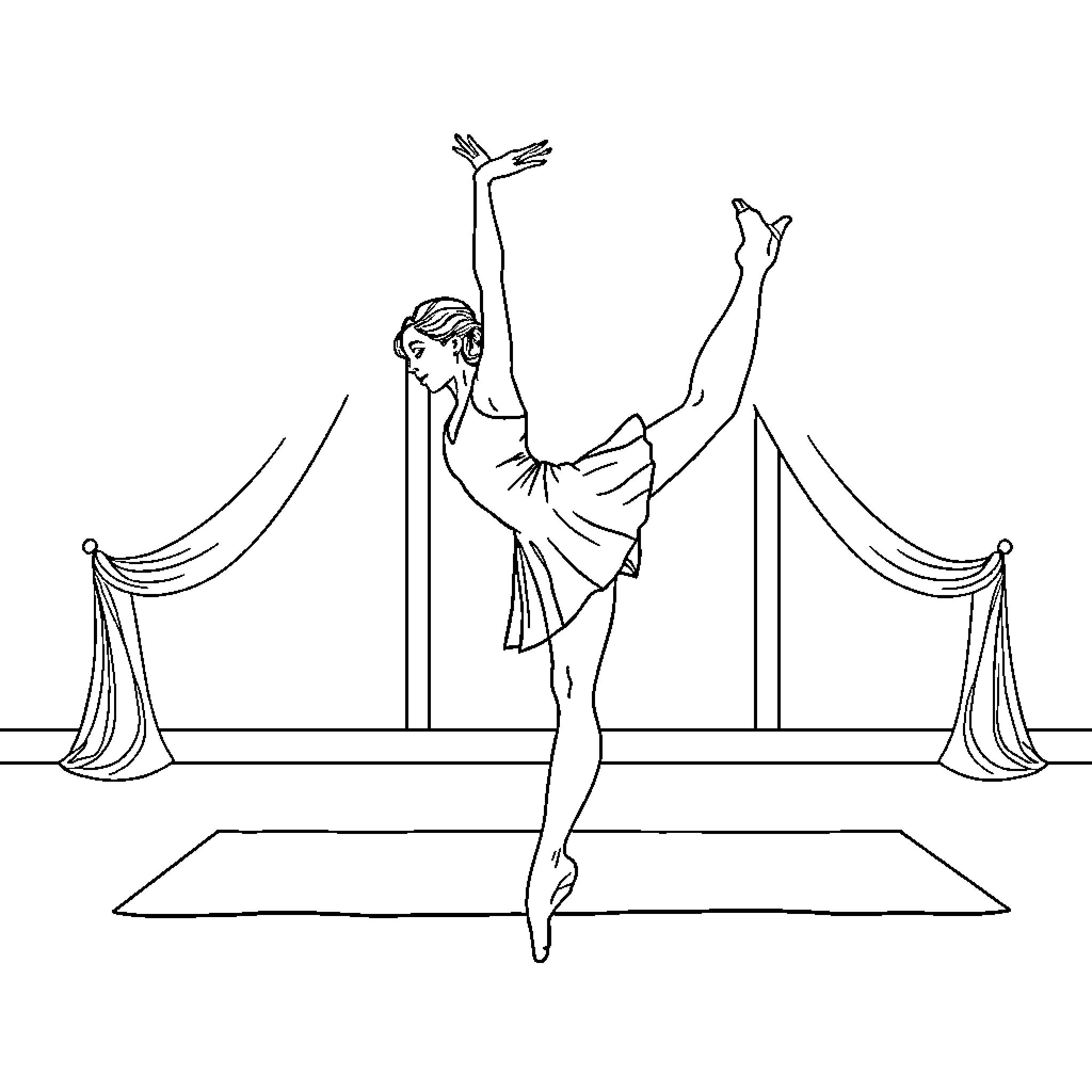 Ballerina performing elegant dance on stage Coloring Page (free black-and-white line drawing printable PDF for all, from beginners to advanced learners, including children, teens, adults, and seniors)