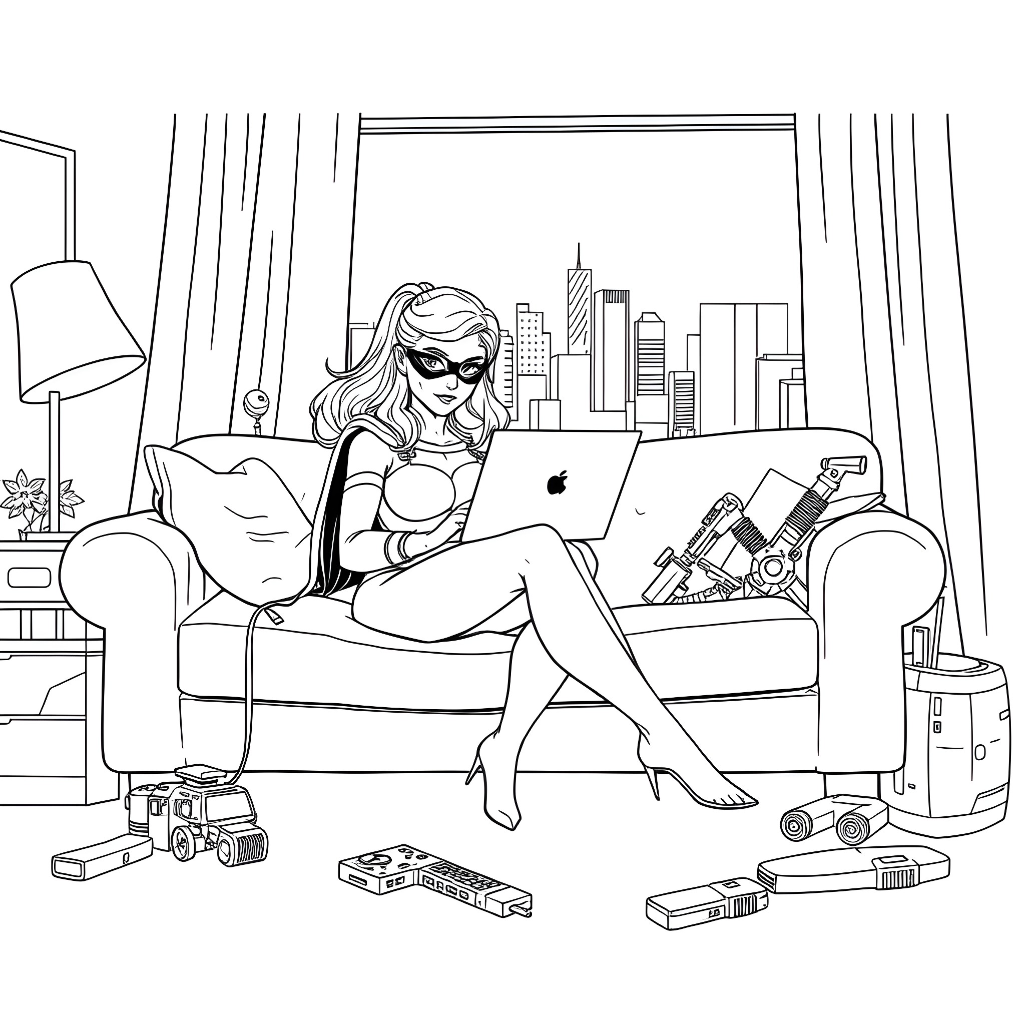 Superhero relaxing with tech gadgets in city view Coloring Page (free black-and-white line drawing printable PDF for all, from beginners to advanced learners, including children, teens, adults, and seniors)